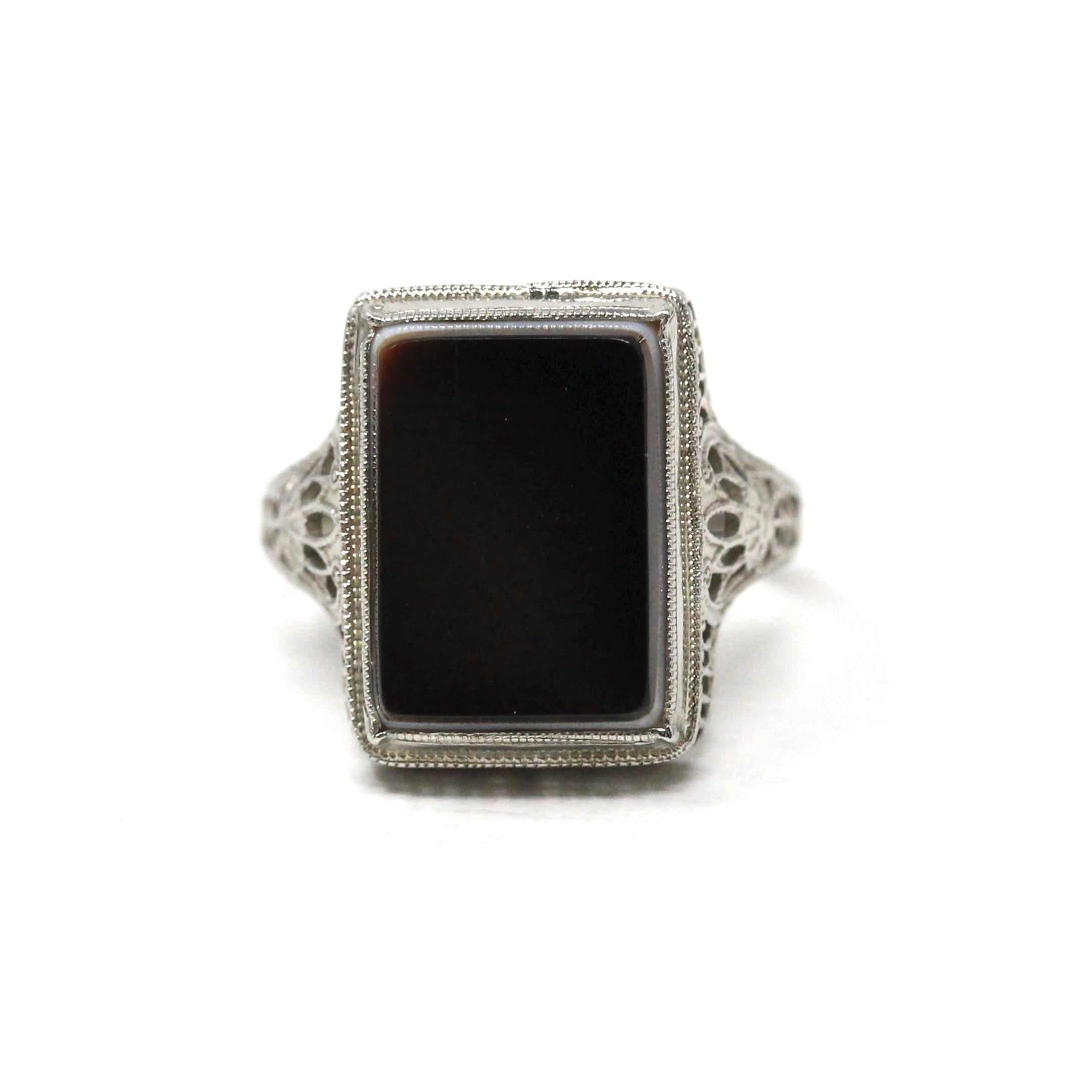Vintage Onyx Ring - Art Deco 10k White Gold Natural Black & White Gemstone Statement - Circa 1930s Size 6 1/2 Fine Floral Filigree Jewelry