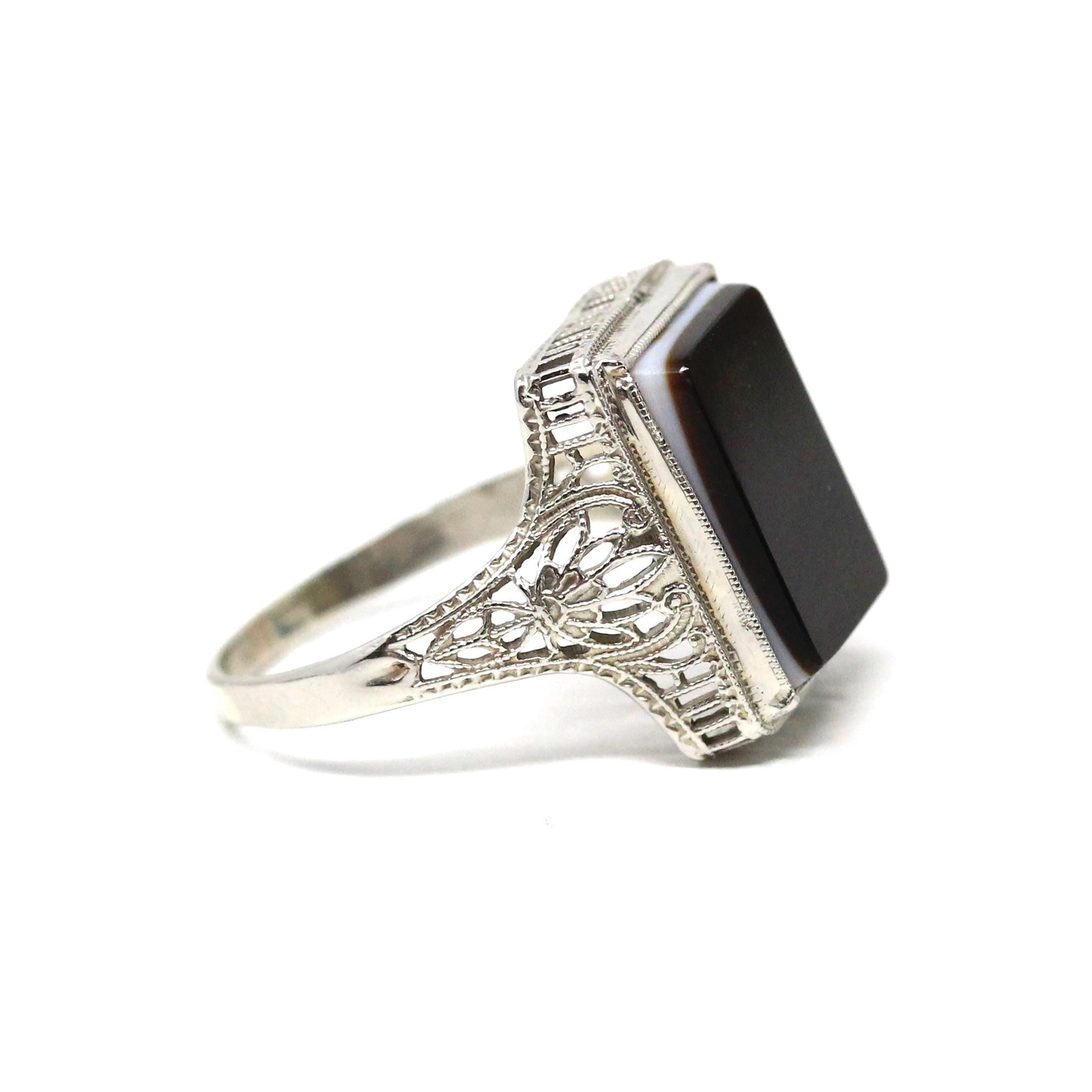Vintage Onyx Ring - Art Deco 10k White Gold Natural Black & White Gemstone Statement - Circa 1930s Size 6 1/2 Fine Floral Filigree Jewelry
