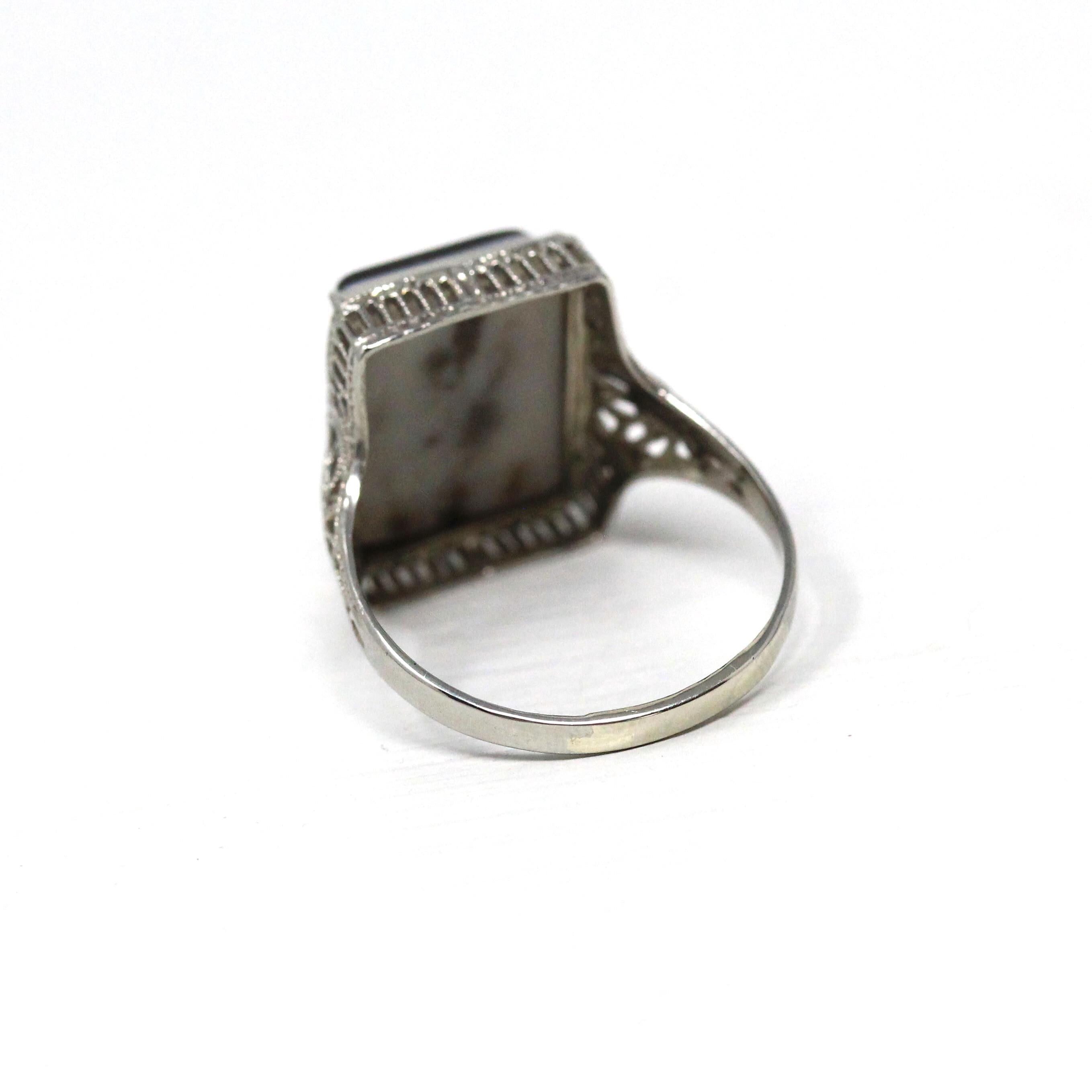 Vintage Onyx Ring - Art Deco 10k White Gold Natural Black & White Gemstone Statement - Circa 1930s Size 6 1/2 Fine Floral Filigree Jewelry