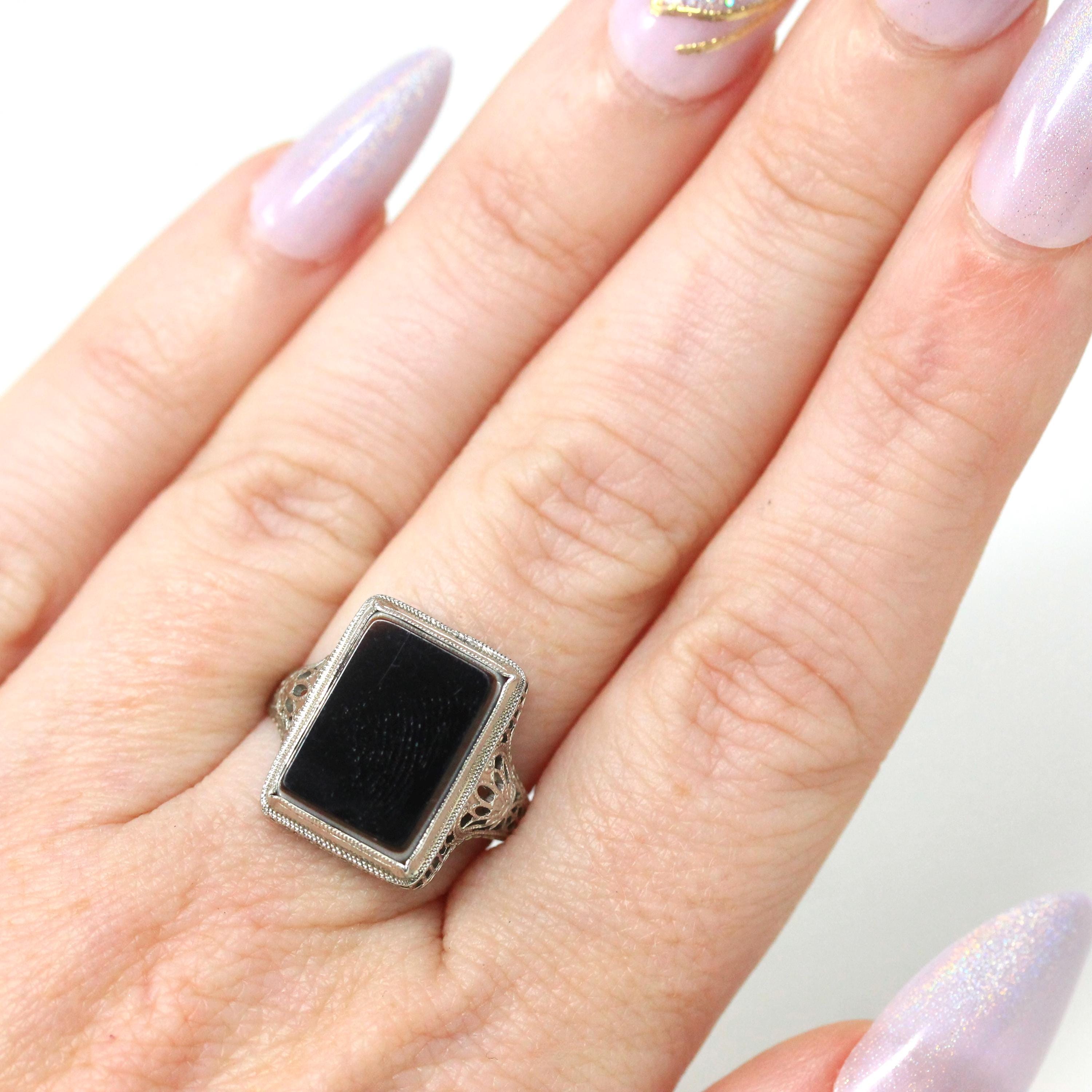 Vintage Onyx Ring - Art Deco 10k White Gold Natural Black & White Gemstone Statement - Circa 1930s Size 6 1/2 Fine Floral Filigree Jewelry