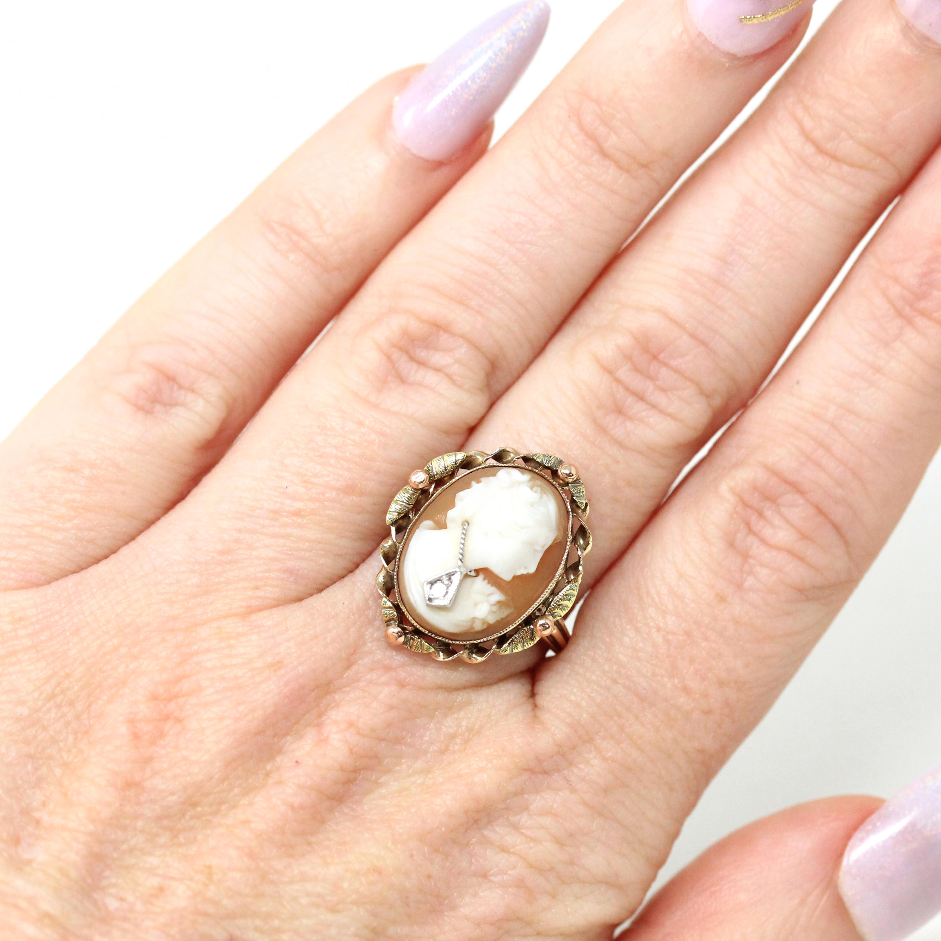 Vintage Cameo Ring - Retro 10k Yellow Gold Diamond Habillé Organic Oval Carved Shell - Circa 1940s Size 6 Woman Portrait Fine 40s Jewelry