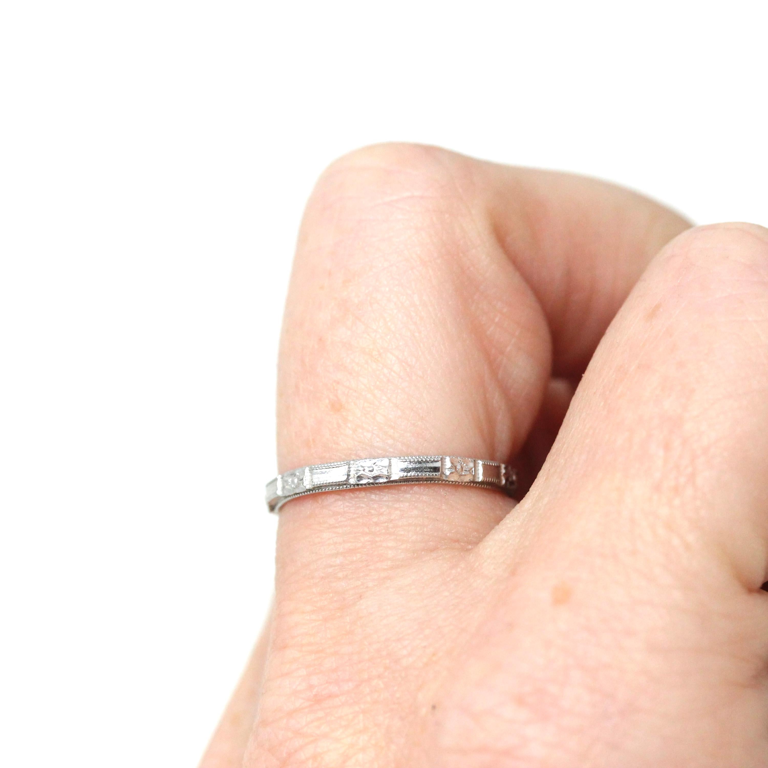 Art Deco Wedding Band - Vintage 18k White Gold Orange Blossom Inscribed Eternity Ring - Circa 1930s Size 5.75 Bridal Fine 30s Floral Jewelry