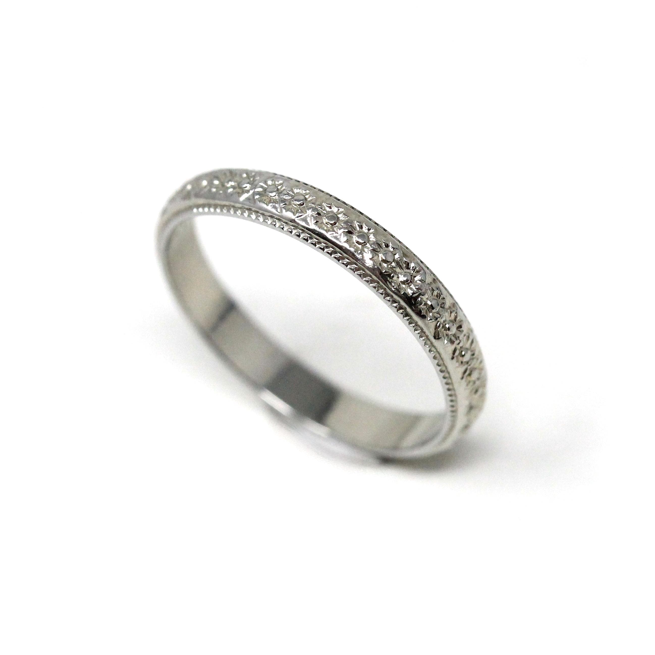 Floral Wedding Band - Art Deco 18k White Gold Flower Eternity Ring - Vintage Circa 1930s Era Size 7 Bridal Unisex Engraved Fine 30s Jewelry