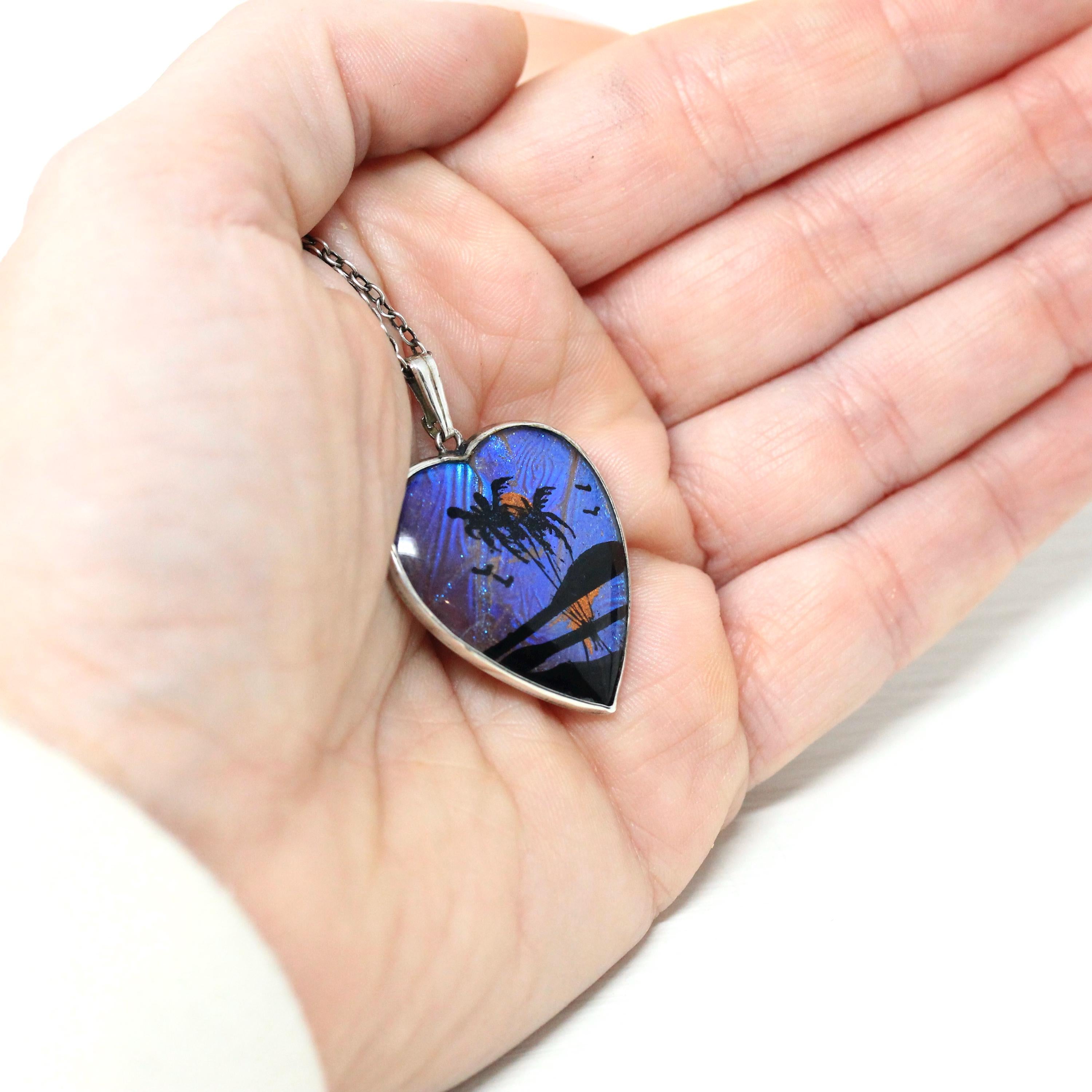 Morpho Butterfly Pendant - Art Deco Sterling Silver Blue Wing Heart Necklace - Vintage Circa 1930s Era Palm Tree Beach Sunset Insect Jewelry