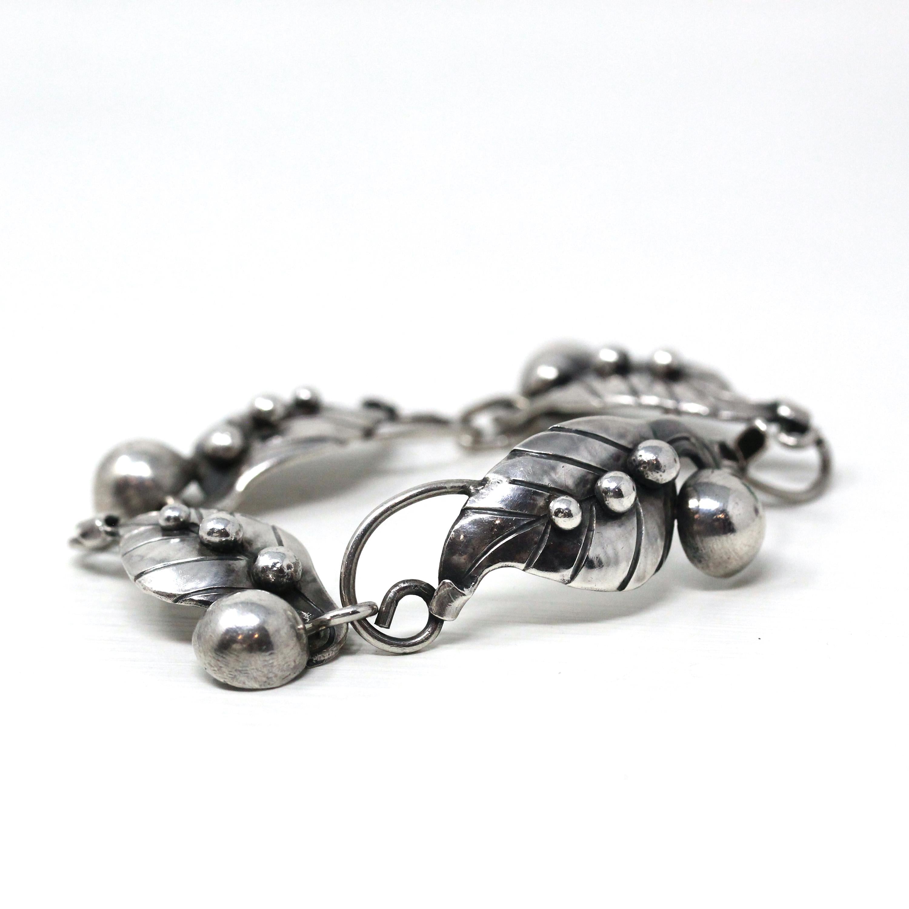 Vintage Leaf Bracelet - Retro Sterling Silver Berries Nature Inspired Panels Statement - Circa 1960s Era Fashion Accessory 60s Jewelry