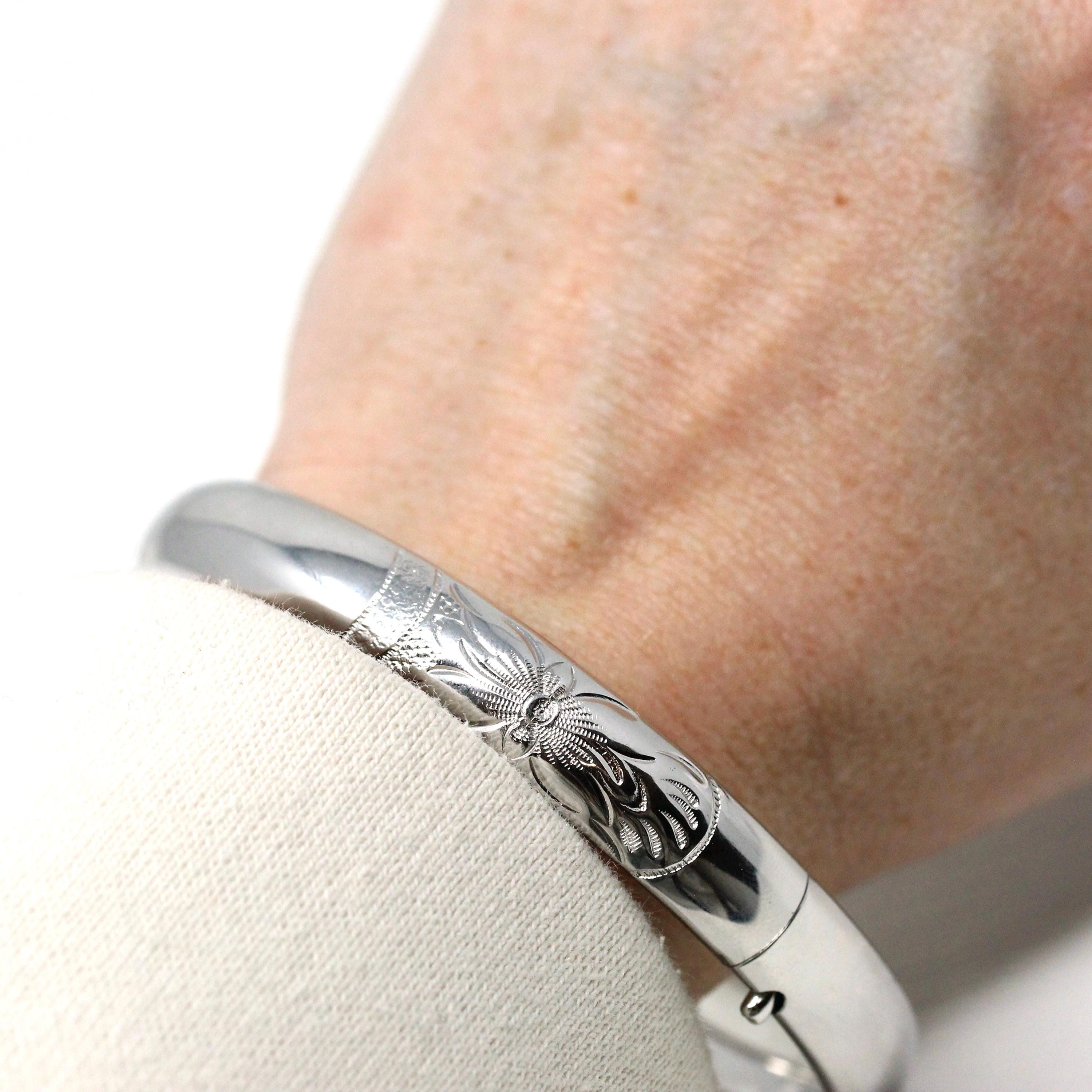 Vintage Flower Bangle - Retro Sterling Silver Engraved Nature Inspired Floral Design Bangle - Circa 1940s Era Statement Accessory Jewelry