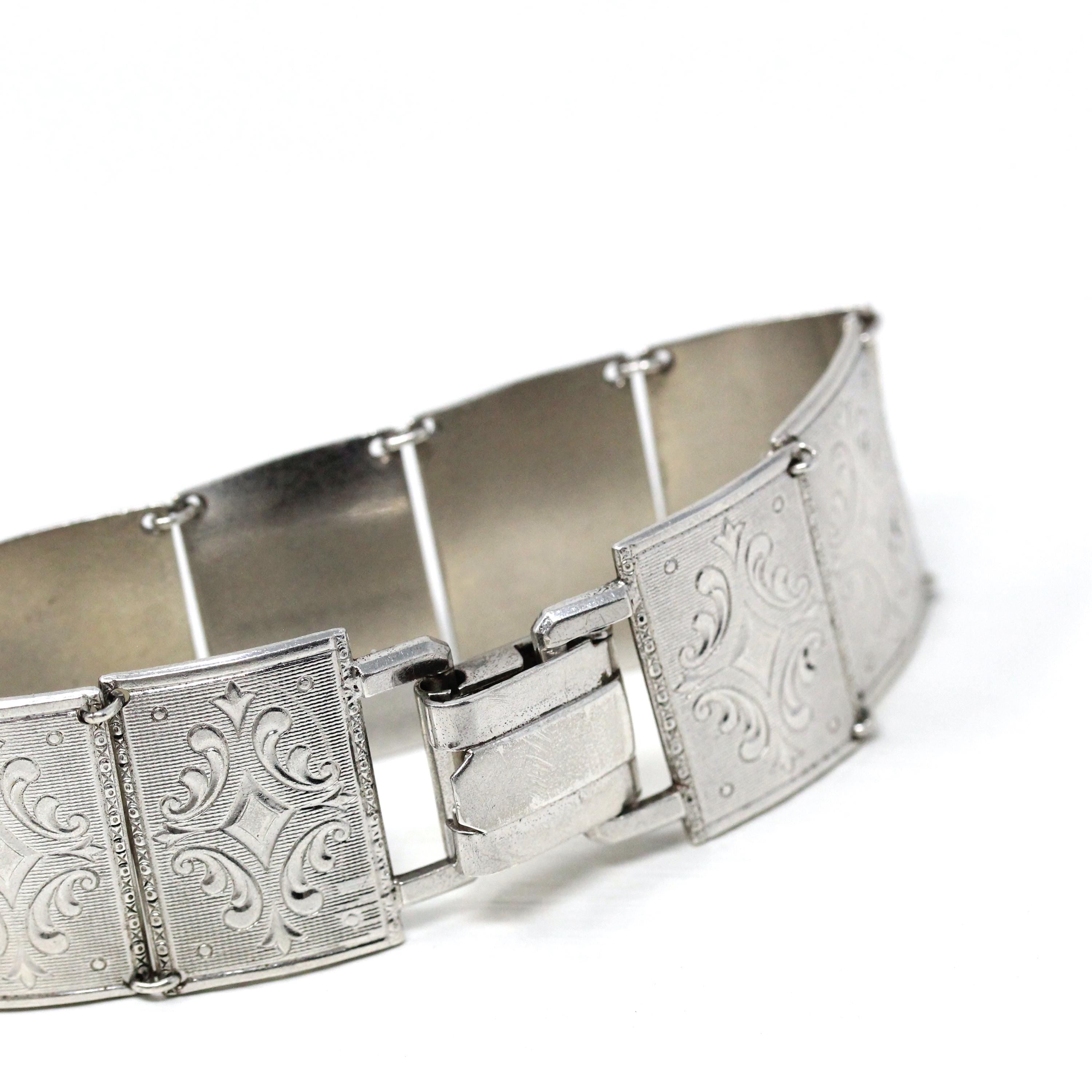 Vintage Panel Bracelet - Retro Sterling Silver Ornate Decorative Designs Inspired Statement - Circa 1960s Fashion Accessory 60s Jewelry