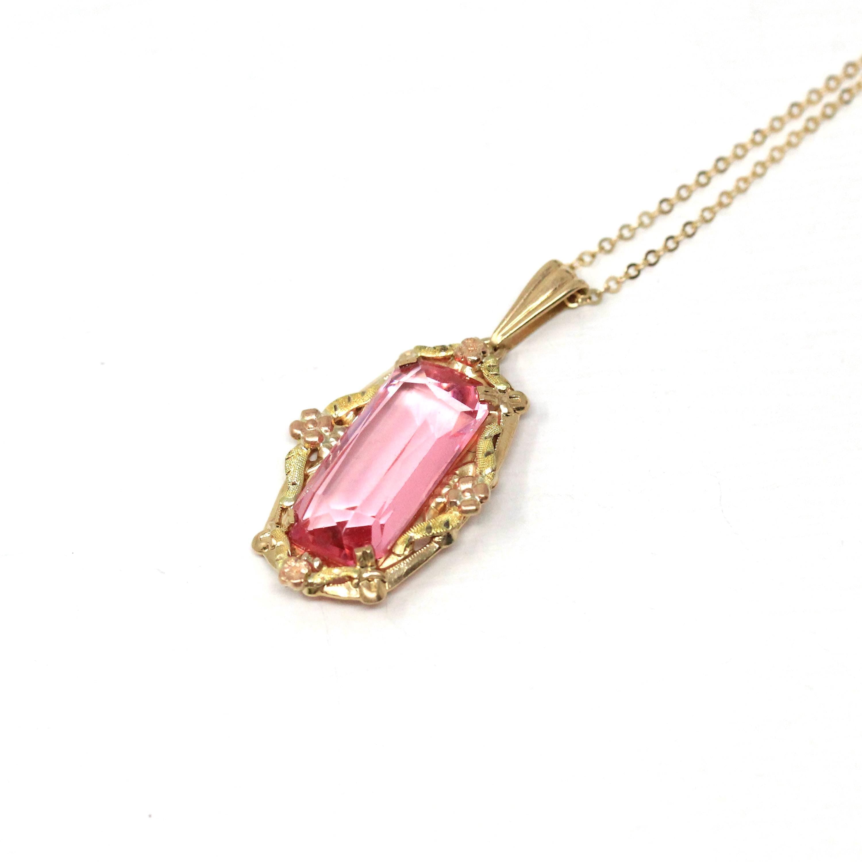 Simulated Pink Sapphire Necklace - Retro Era 10k Yellow & Rose Gold Glass Pendant - Vintage Circa 1940s September Birthstone Fine Jewelry