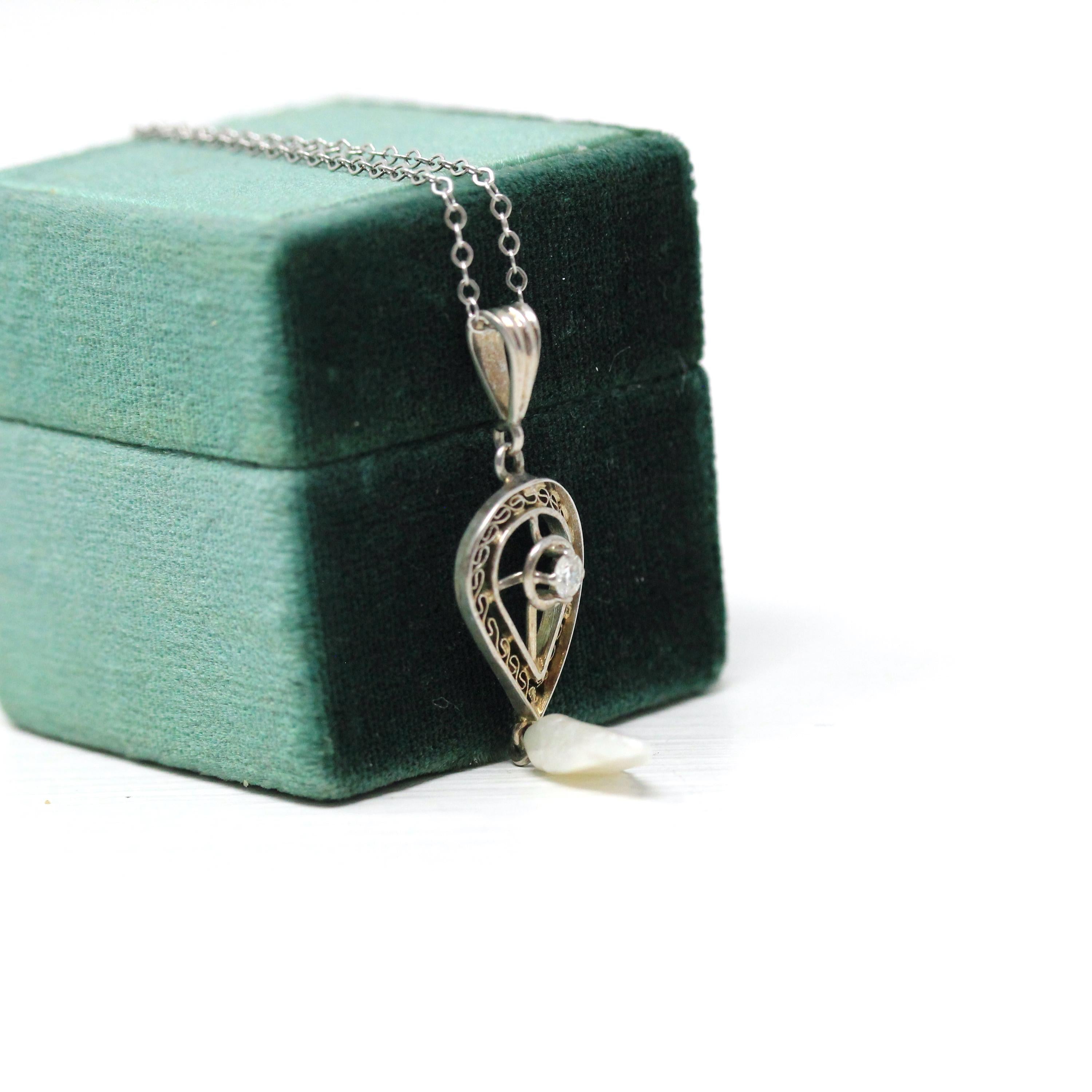 Antique Diamond Lavalier - Art Deco 14k White Gold Natural .06 CT Gemstone Pendant - Circa 1920s Era Art Deco Baroque Pearl Jewelry