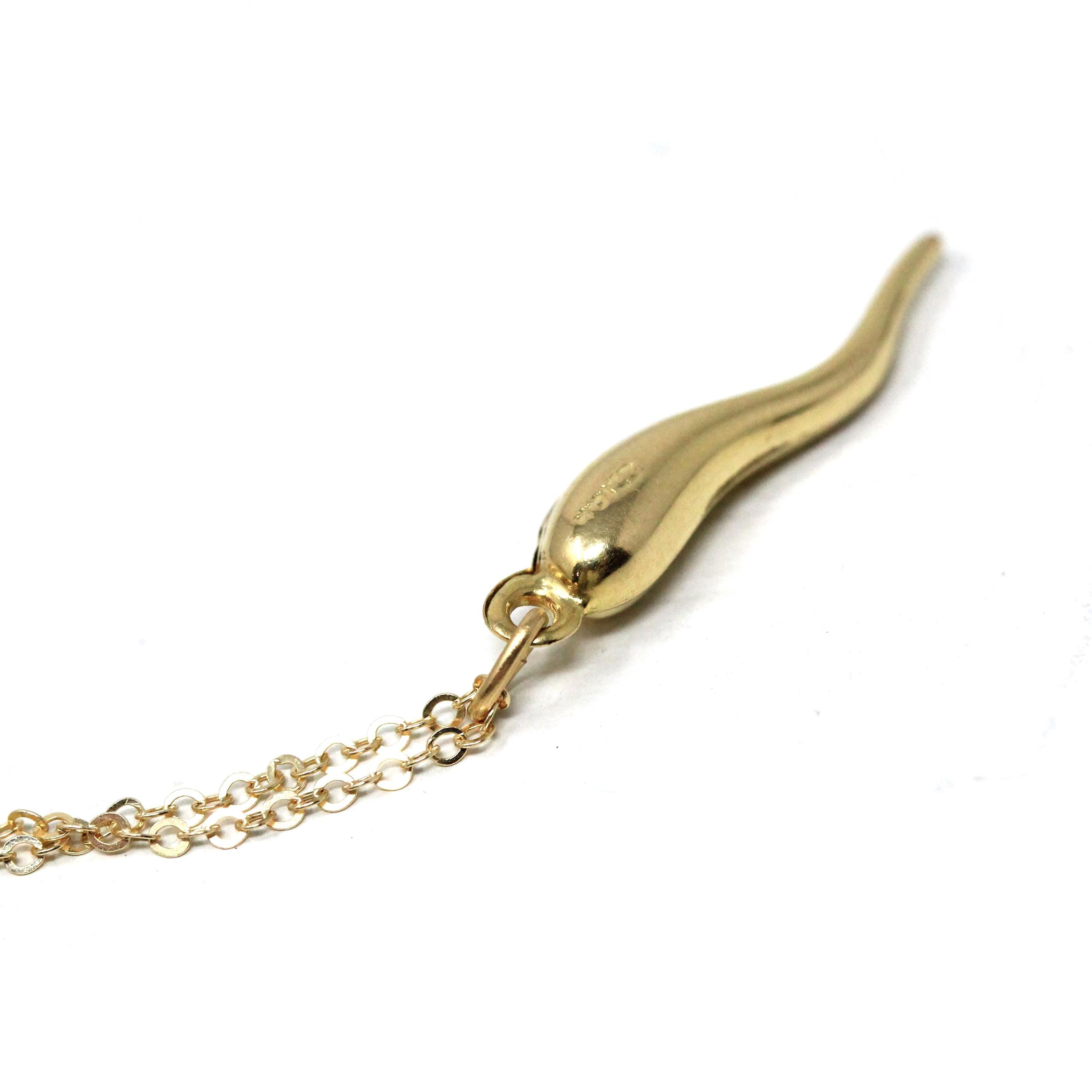 Italian Horn Charm - Retro 14k Yellow Gold Italy Cornicello Good Luck Pendant Necklace - Vintage Circa 1970s Ward Off Evil Amulet Jewelry