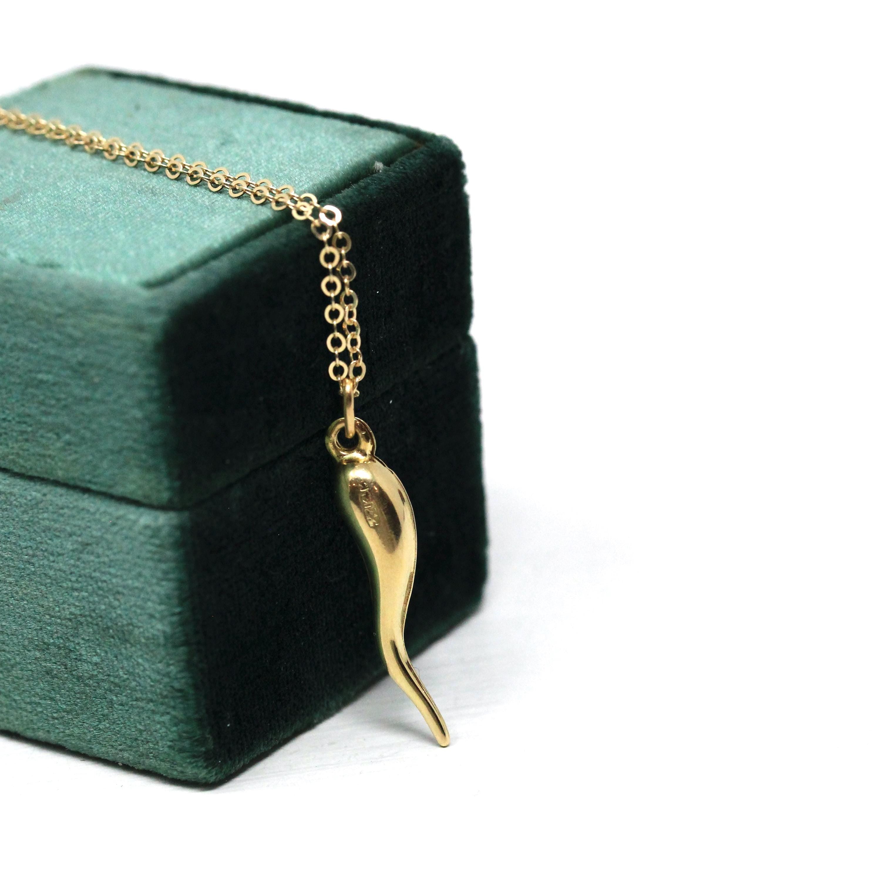 Italian Horn Charm - Retro 14k Yellow Gold Italy Cornicello Good Luck Pendant Necklace - Vintage Circa 1970s Ward Off Evil Amulet Jewelry