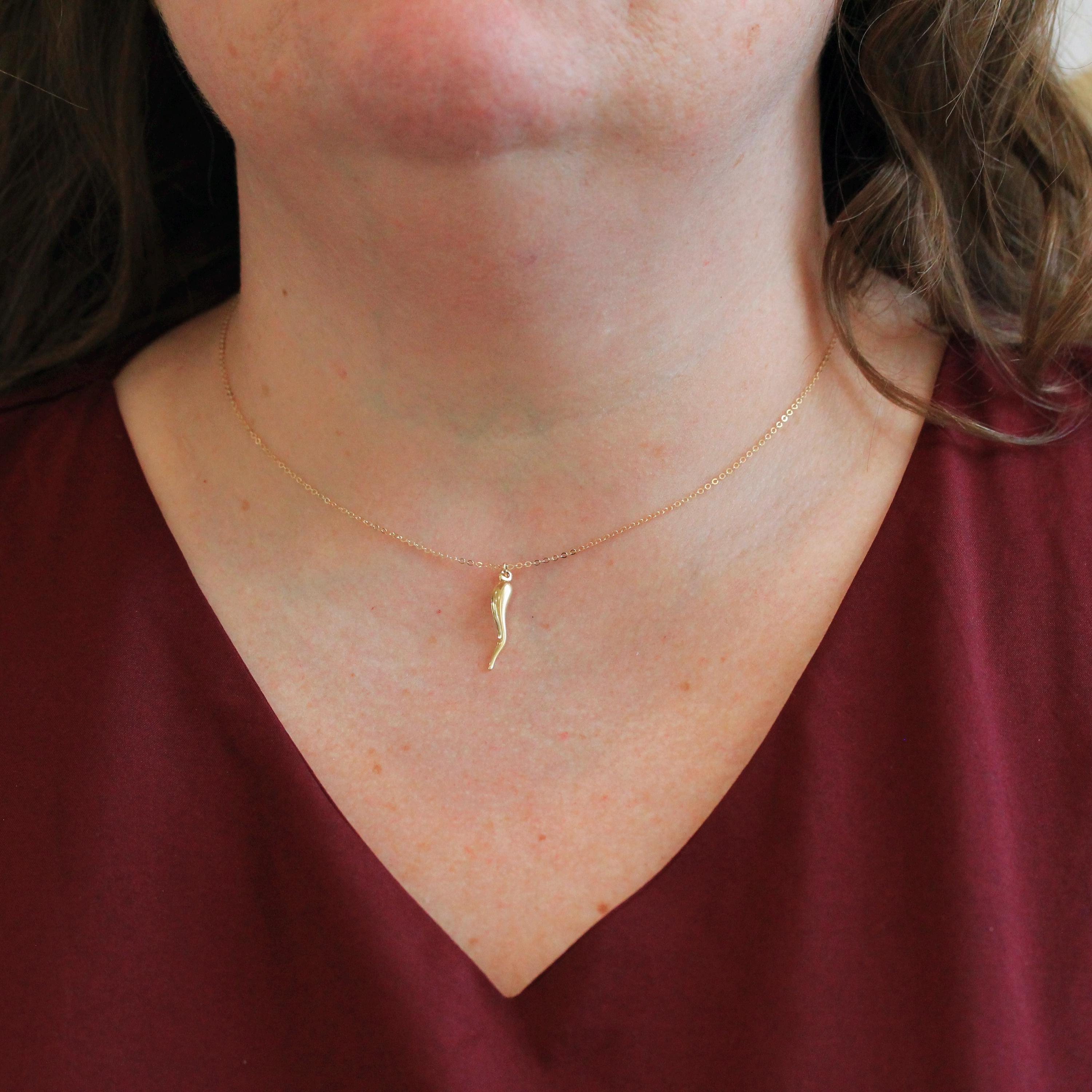 Italian Horn Charm - Retro 14k Yellow Gold Italy Cornicello Good Luck Pendant Necklace - Vintage Circa 1970s Ward Off Evil Amulet Jewelry