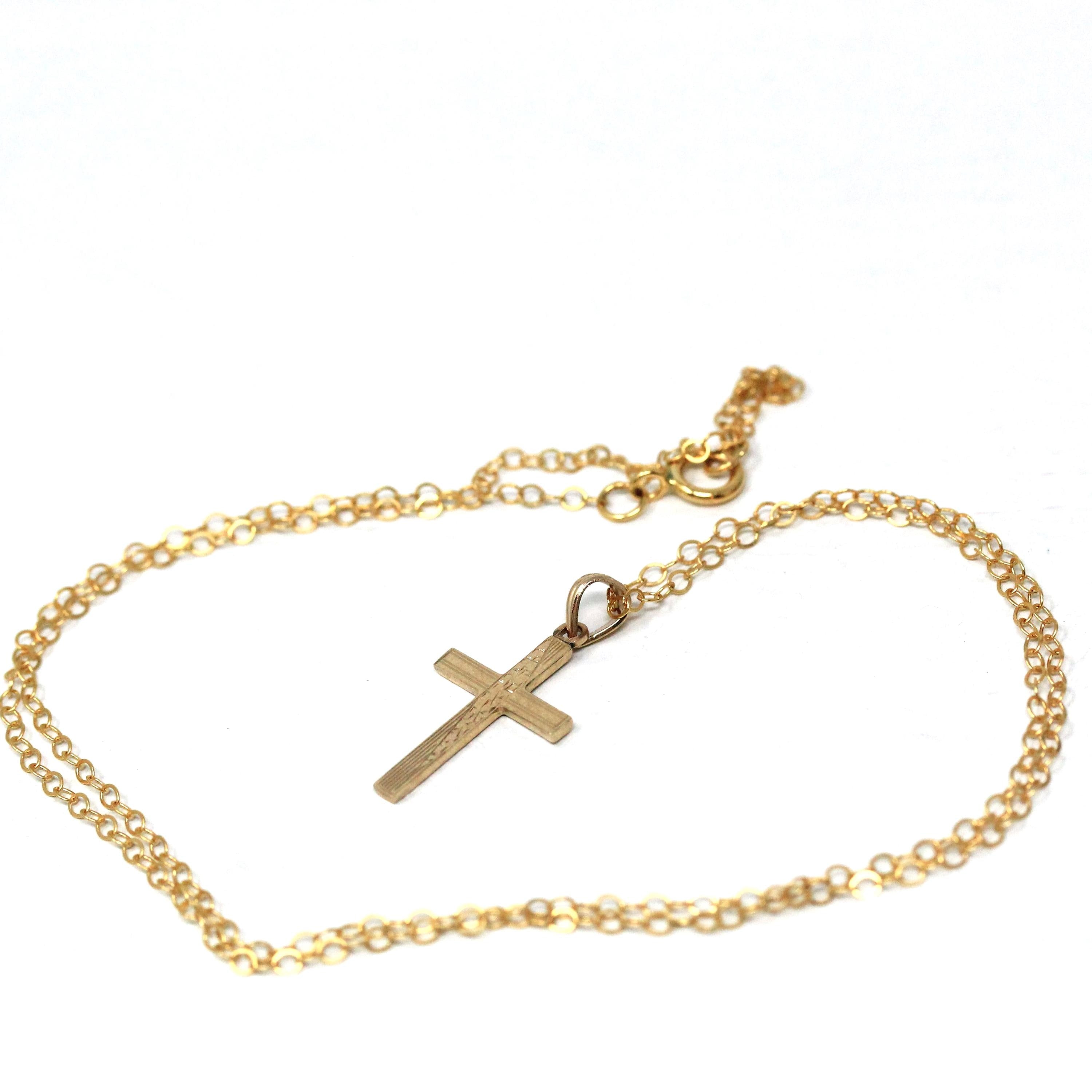 Vintage Cross Necklace - Retro 10k Yellow Gold Engraved Etched Pendant Charm - Circa 1940s Era Petite Dainty Religious Faith Esemco Jewelry