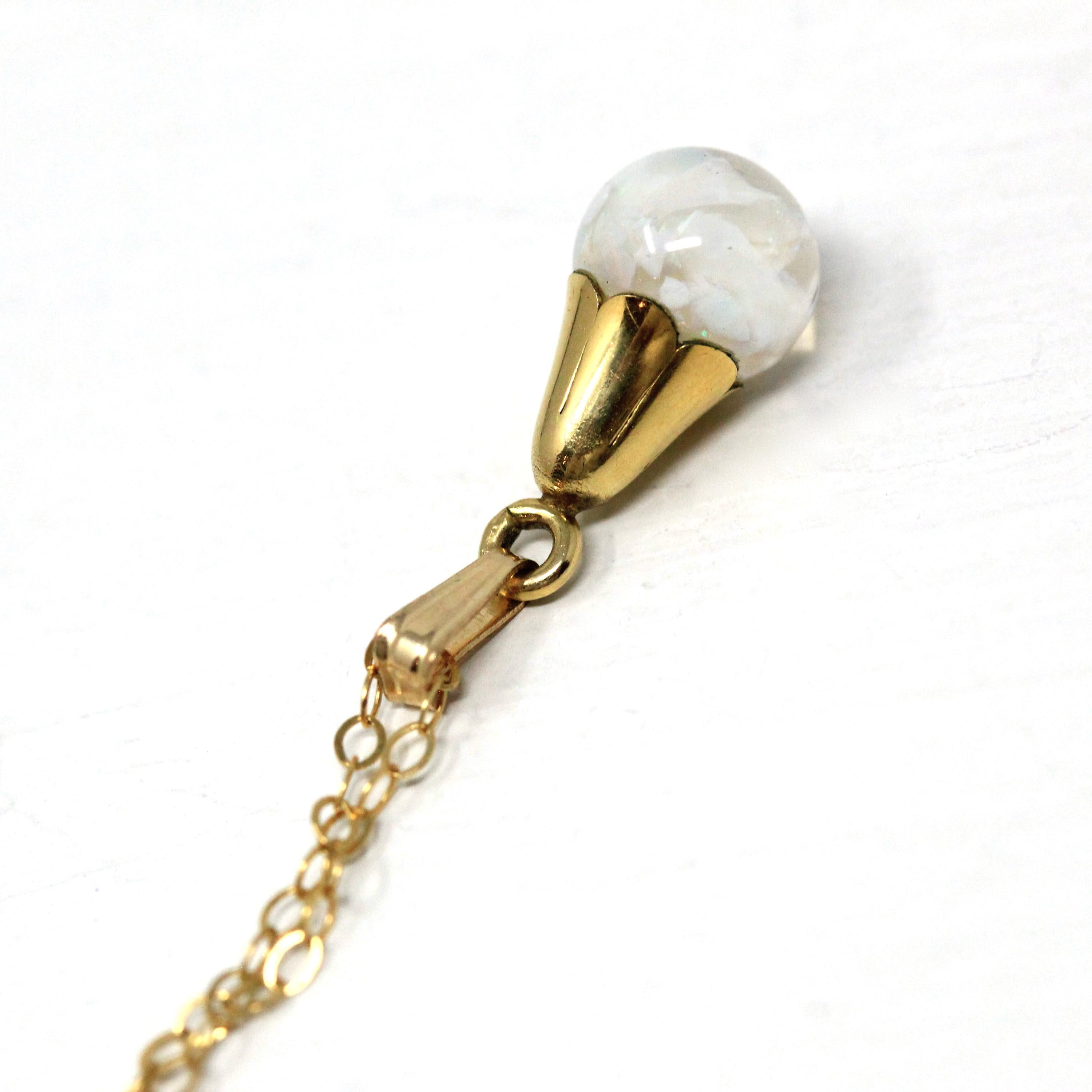 Floating Opal Charm - Retro 14k Gold Filled Flower Cap Natural Gemstone Sphere Orb Fob - Vintage 1940s Era Liquid Teardrop Pendant Jewelry
