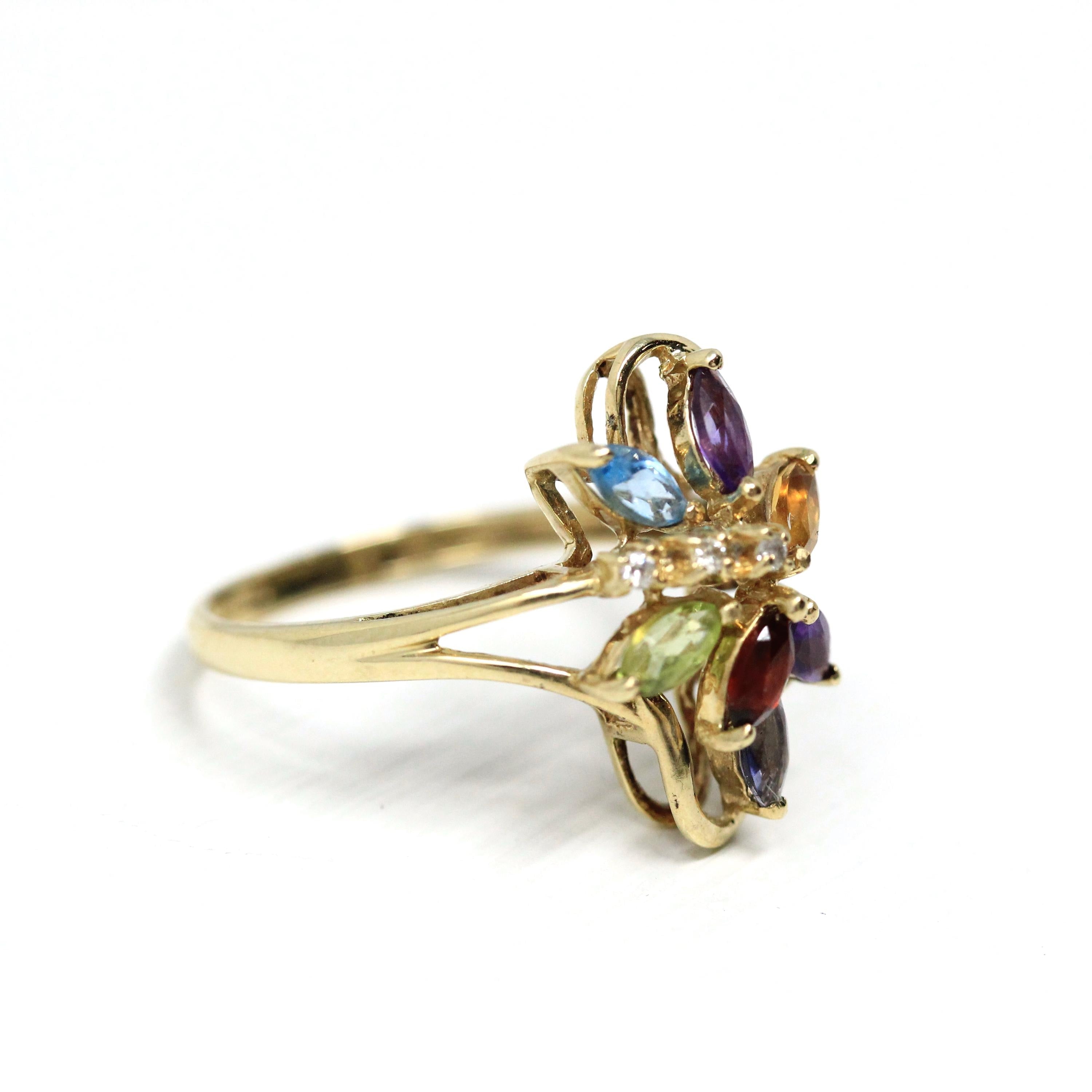 Rainbow Gemstone Ring - Modern 9k Yellow Gold Multi Color Gemstones - Hallmarked 2001 Size 8 1/4 Fine Floral Statement Birmingham Jewelry