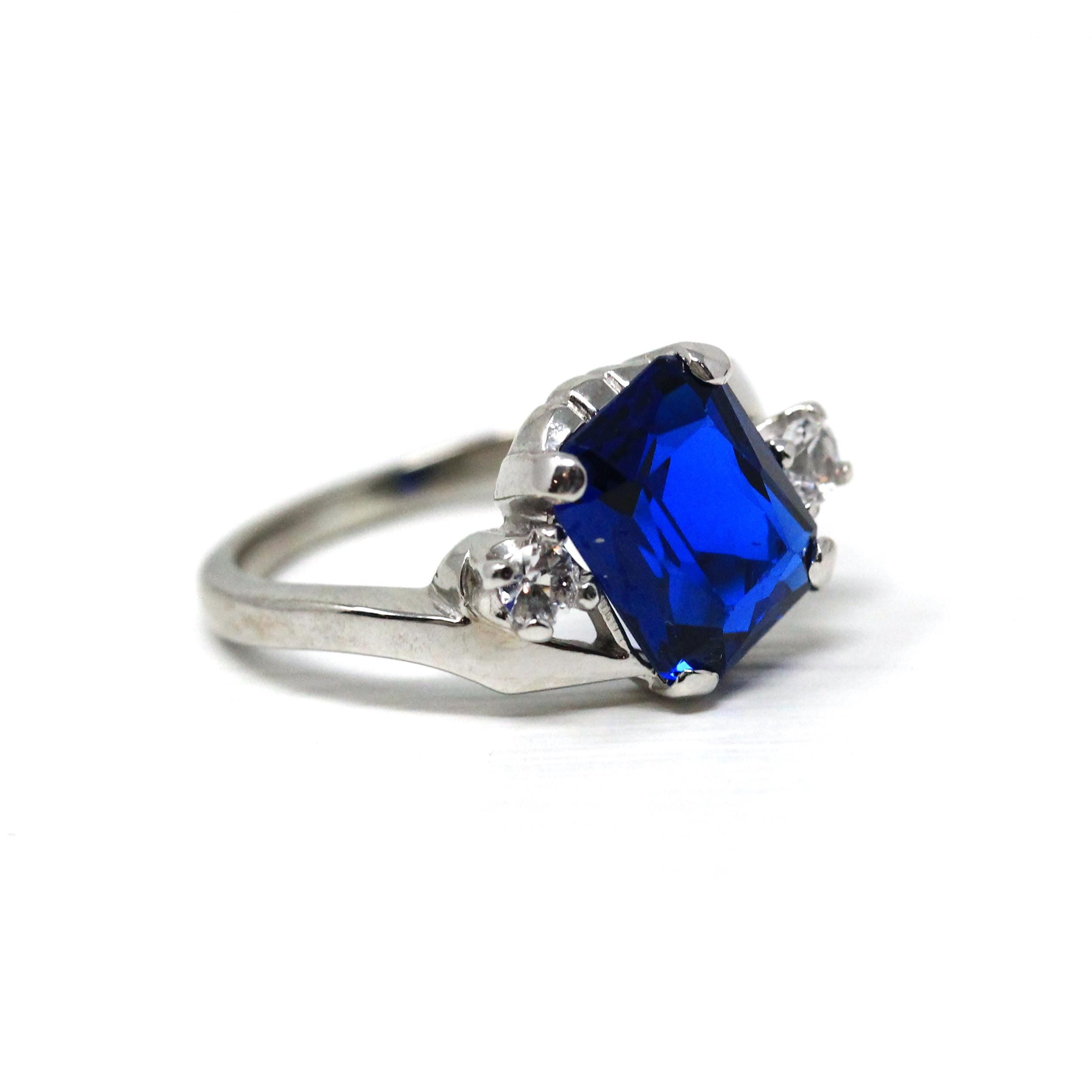Created Spinel Ring - Retro Era 10k White Gold Octagonal Blue & Round White Gems - Circa 1960s Size 6 1/4 Fine Simulated Birthstone Jewelry