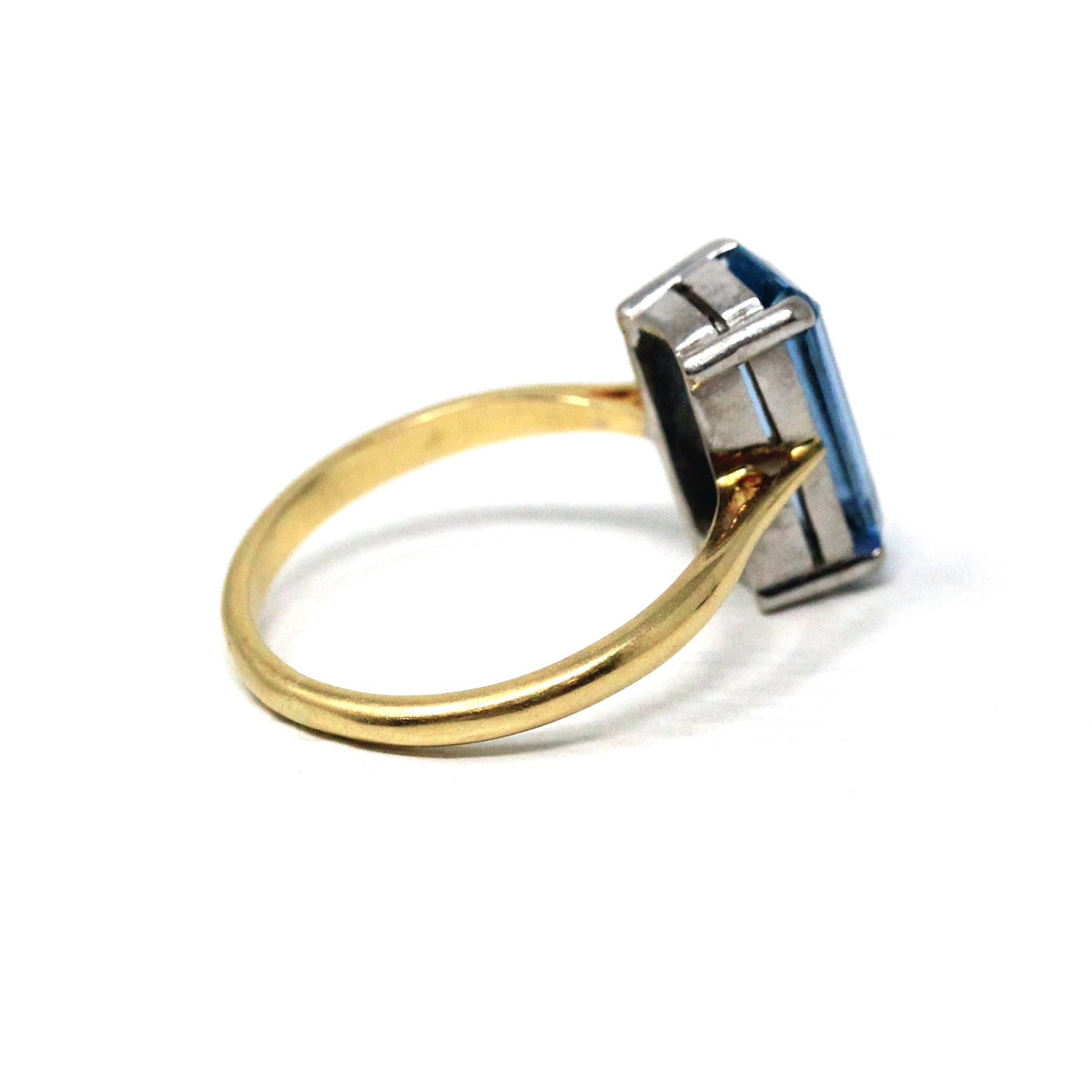 Estate Aquamarine Ring - Modern 18k Yellow & White Gold Elongated Emerald Cut 2.25 CT Natural Blue Gem - Circa 2000s Size 7 3/4 Fine Jewelry