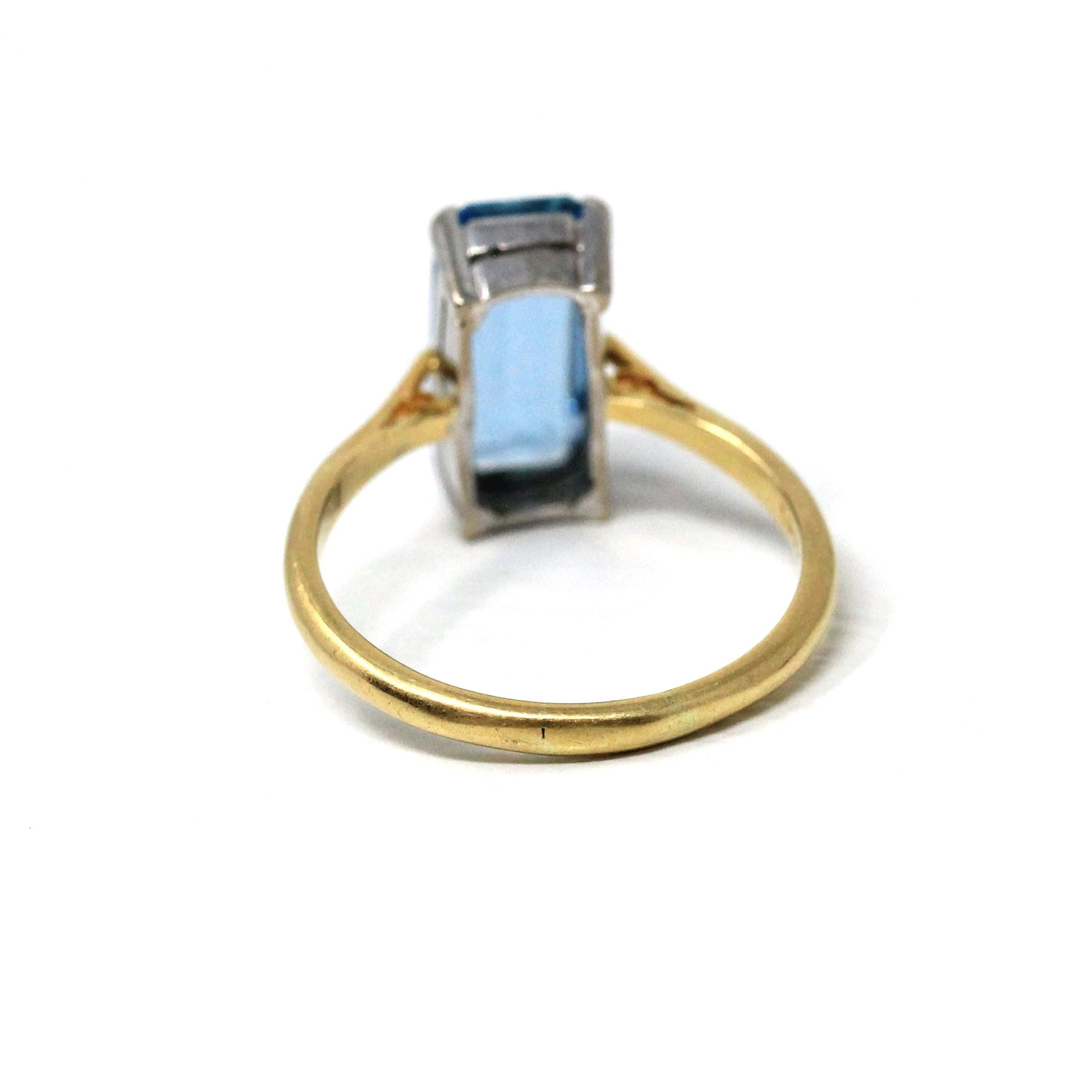 Estate Aquamarine Ring - Modern 18k Yellow & White Gold Elongated Emerald Cut 2.25 CT Natural Blue Gem - Circa 2000s Size 7 3/4 Fine Jewelry