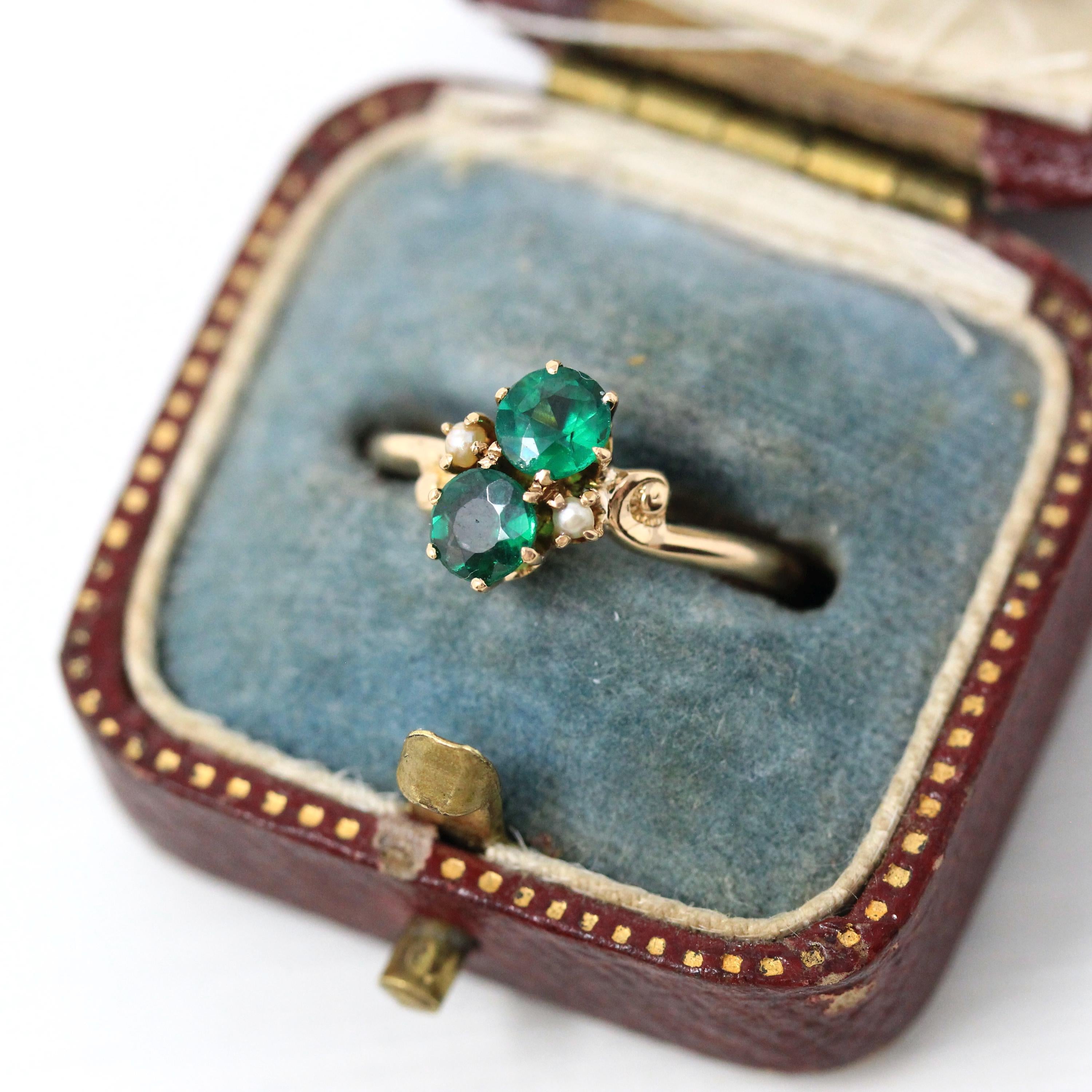 Edwardian Toi Et Moi Ring - Antique 10k Yellow Gold Garnet Glass Doublet Seed Pearls Gemstones - Vintage Circa 1900s Era Size 4 Fine Jewelry