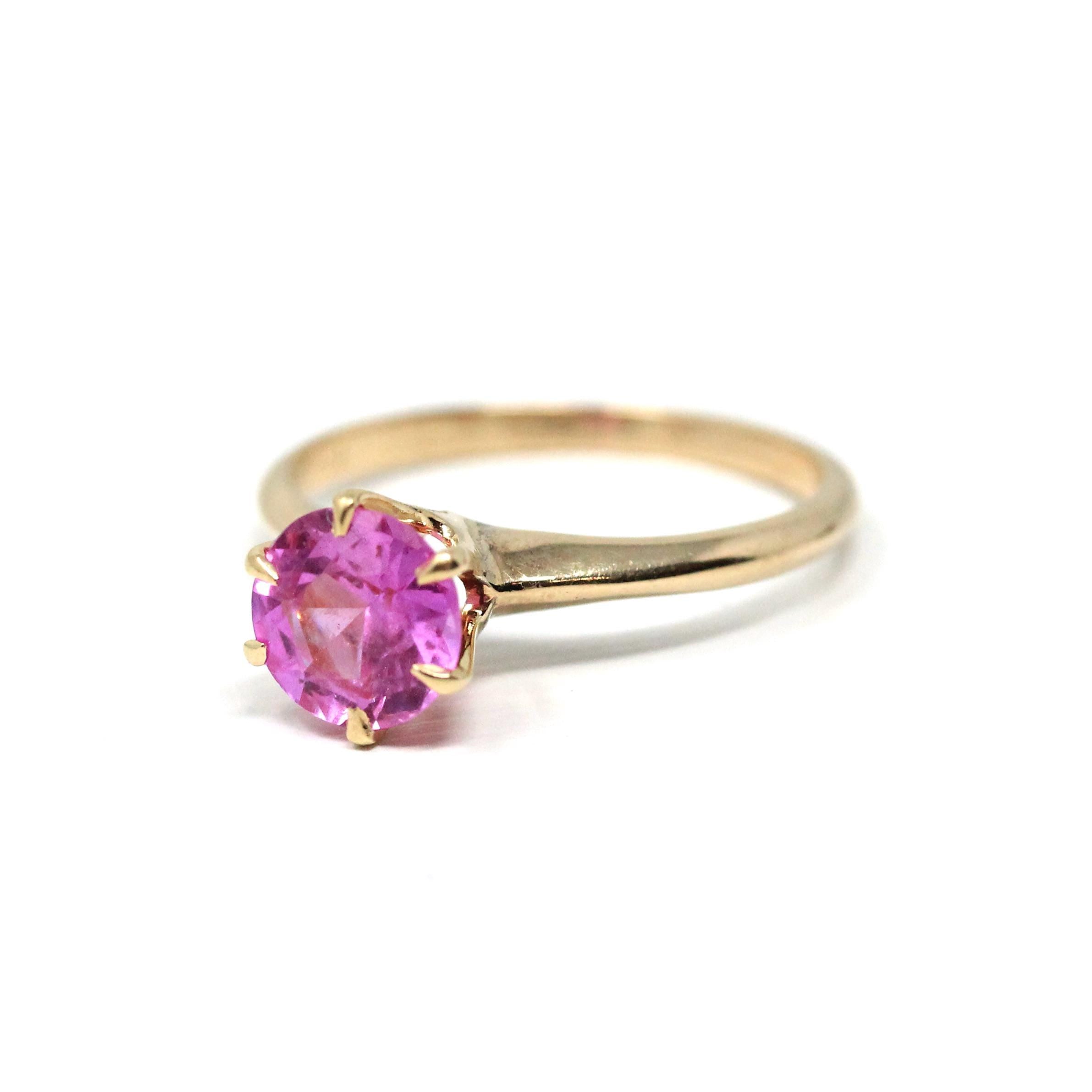 Created Pink Sapphire Ring - Vintage 10k Yellow Gold Round Faceted Retro Solitaire - Circa 1940s Size 6 Fine September Birthstone Jewelry