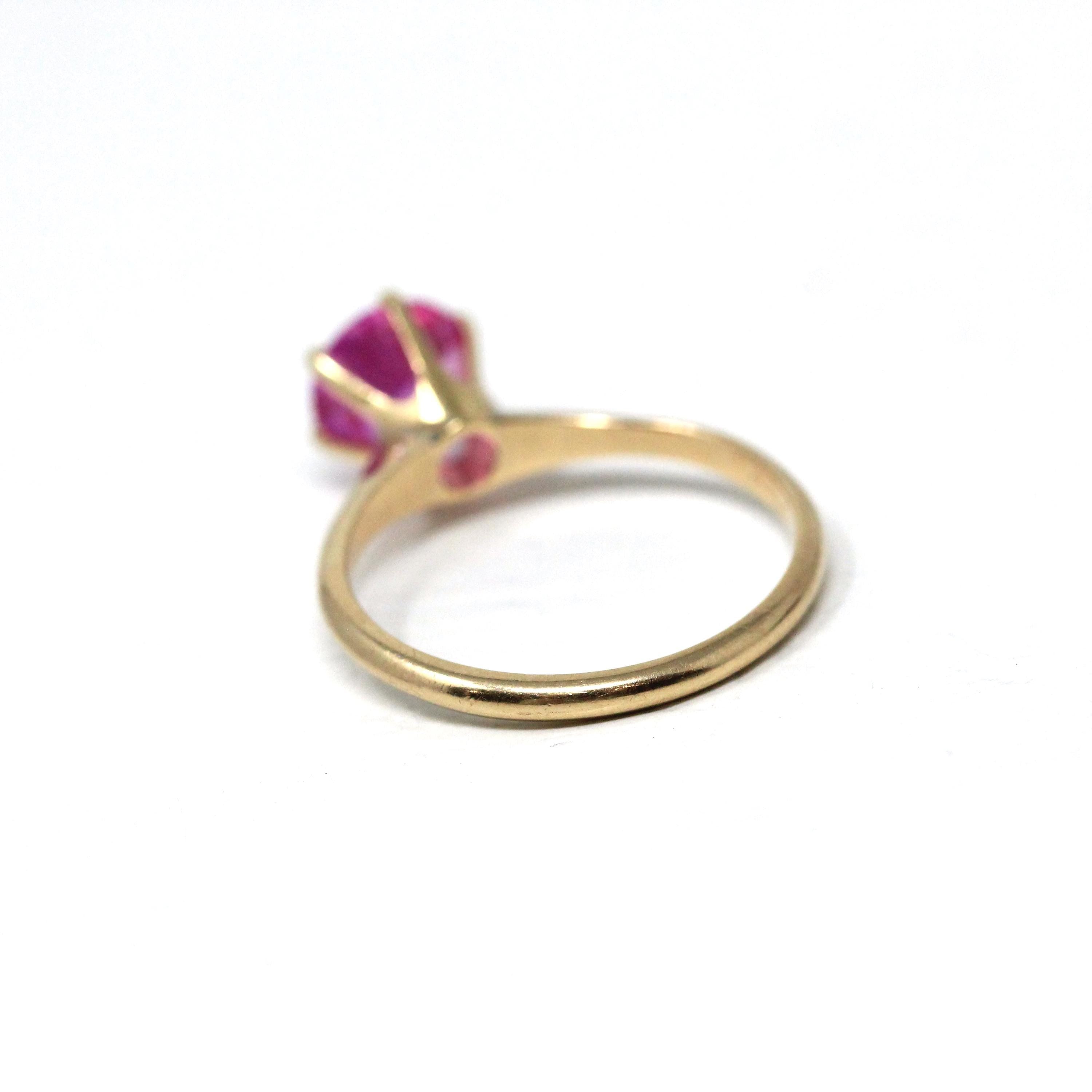 Created Pink Sapphire Ring - Vintage 10k Yellow Gold Round Faceted Retro Solitaire - Circa 1940s Size 6 Fine September Birthstone Jewelry