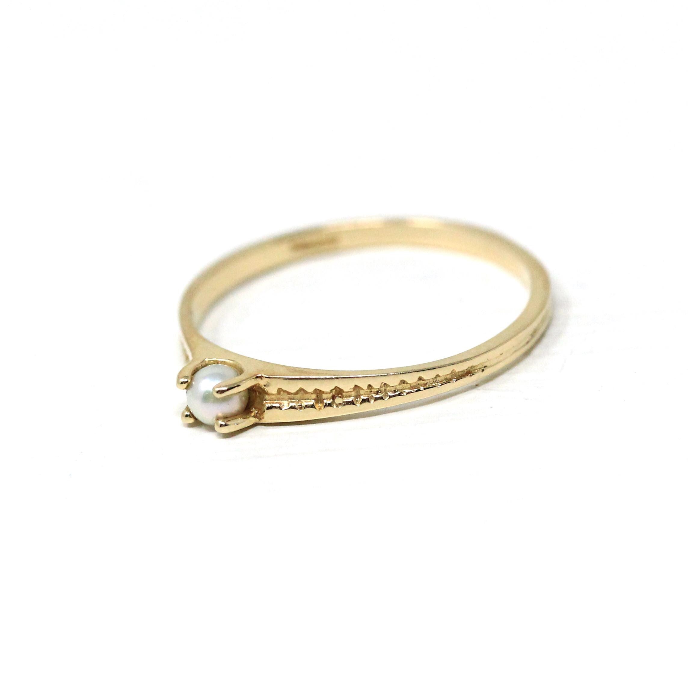 Pearl Baby Ring - Estate 14k Yellow Gold Midi Pinky Band Natural Cultured Gem - Modern 2000s Era Size 4 June Birthstone Fine Infant Jewelry