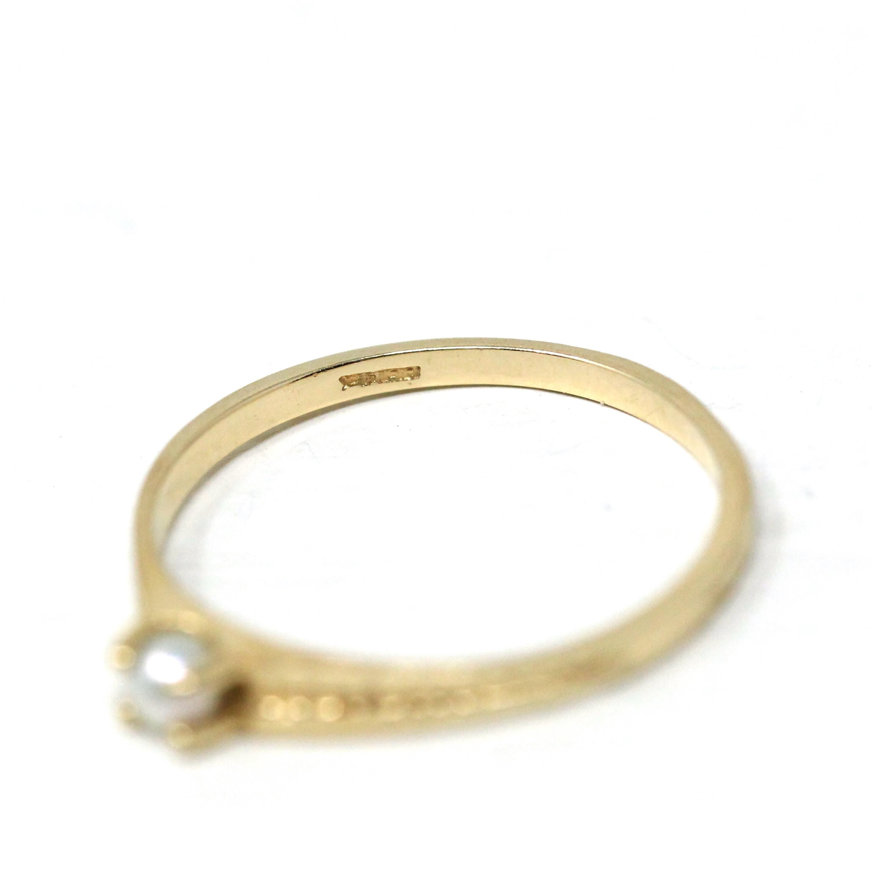 Pearl Baby Ring - Estate 14k Yellow Gold Midi Pinky Band Natural Cultured Gem - Modern 2000s Era Size 4 June Birthstone Fine Infant Jewelry