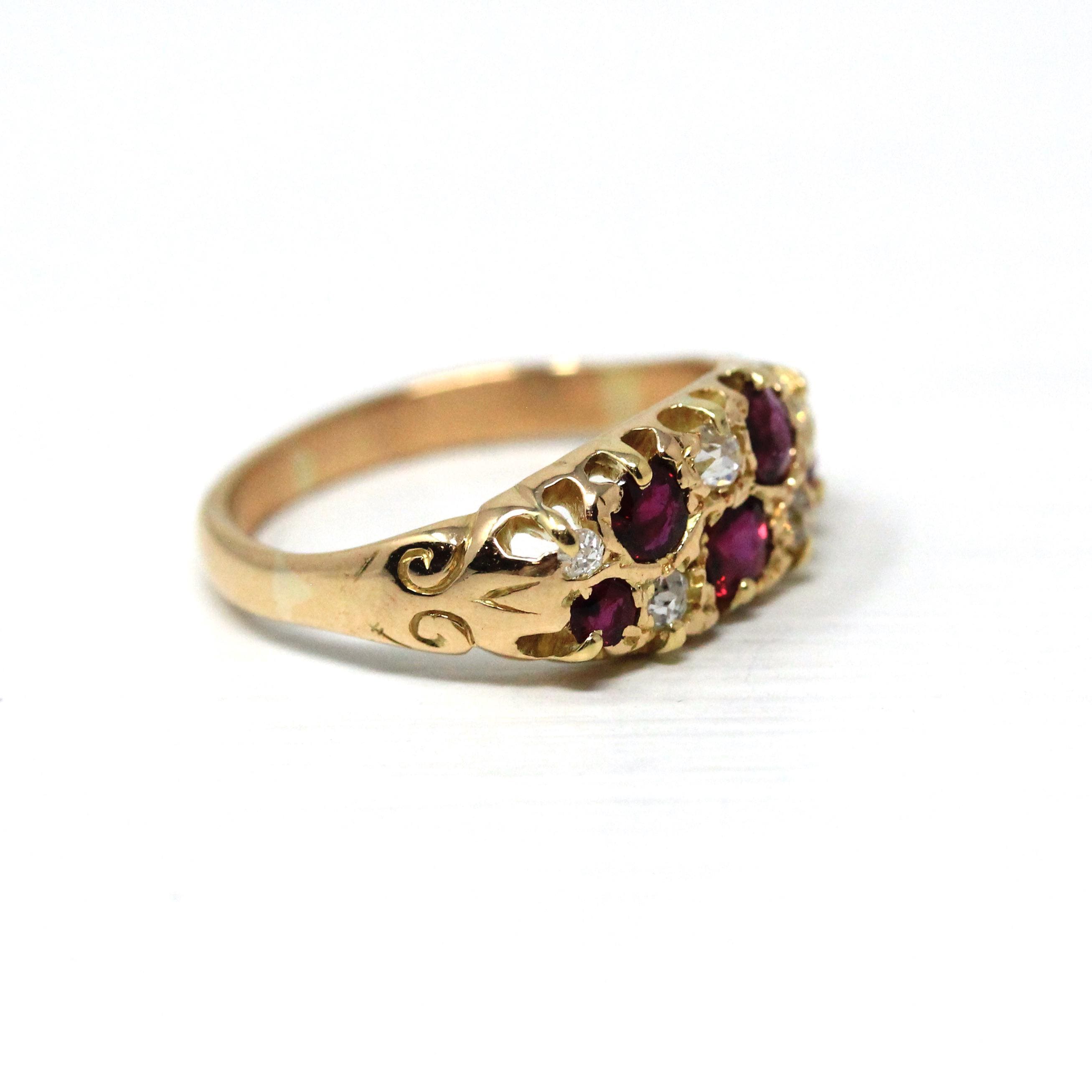 Antique Ruby & Diamond Ring - Edwardian 18k Yellow Gold Natural Red Gemstones Anniversary Band - Circa 1900s Size 4 3/4 Fine Bridal Jewelry
