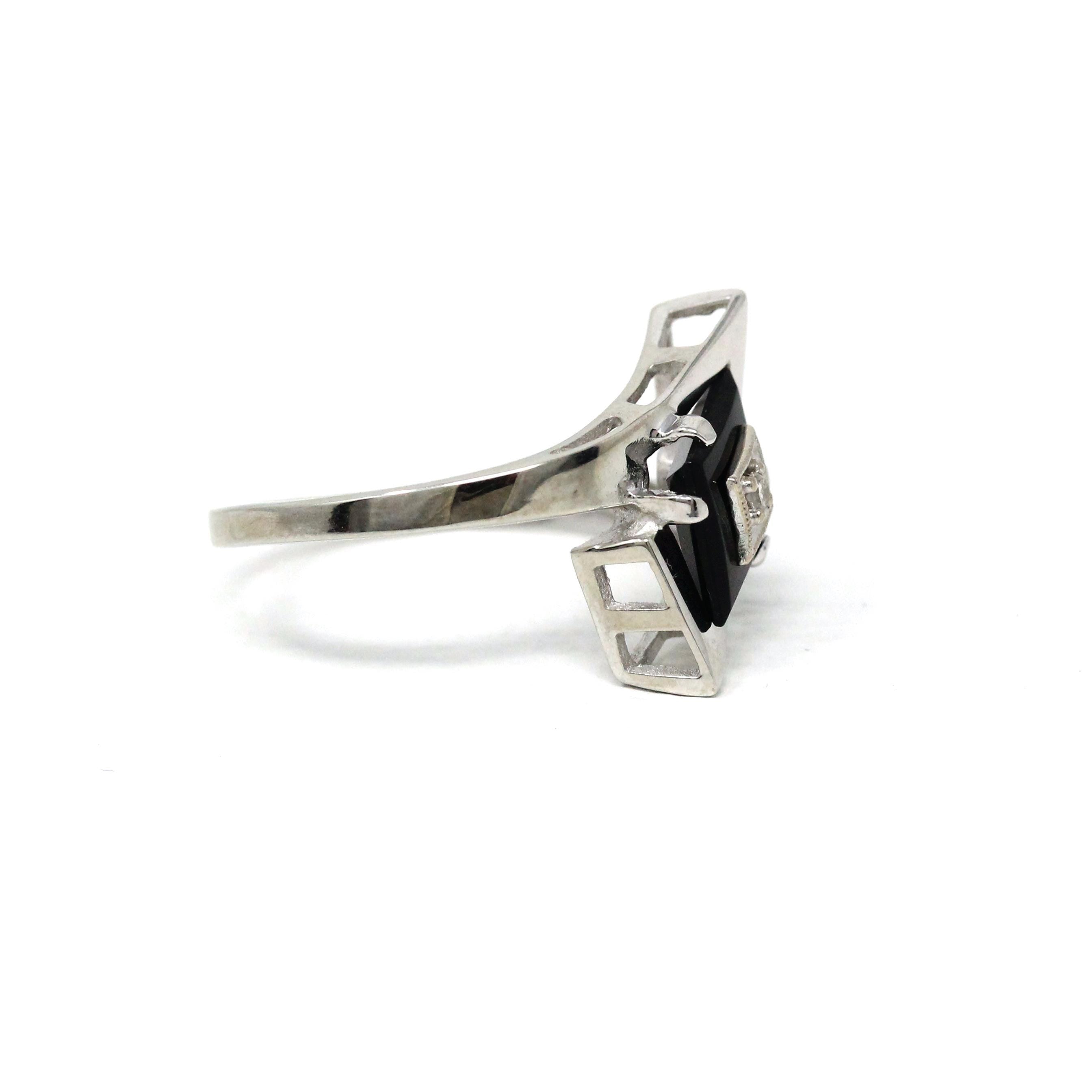 Vintage Onyx Ring - Retro 10k White Gold Natural Diamond Black Chalcedony Gem - Circa 1960s Era Size 7 Kite Navette Fine Bohemian Jewelry