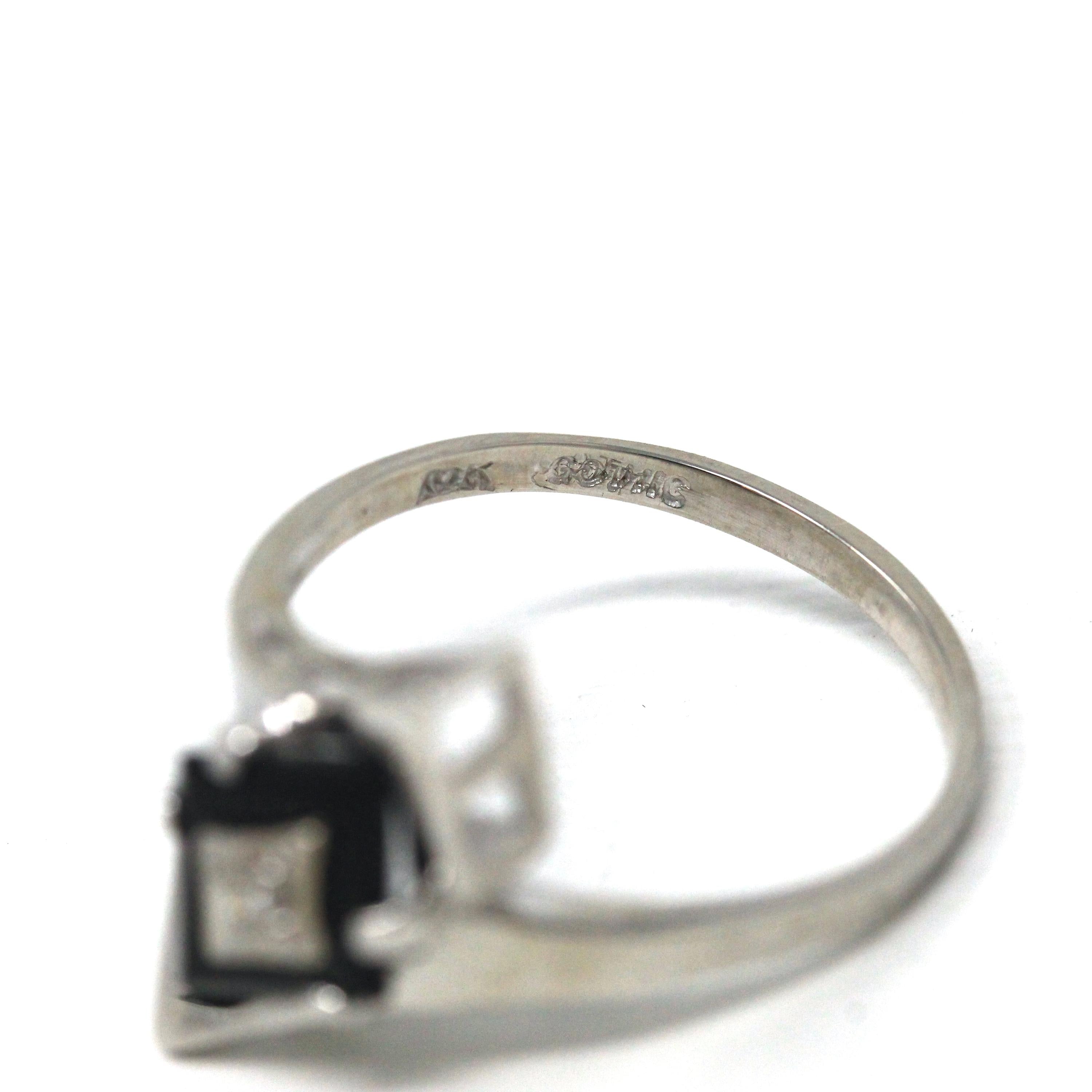 Vintage Onyx Ring - Retro 10k White Gold Natural Diamond Black Chalcedony Gem - Circa 1960s Era Size 7 Kite Navette Fine Bohemian Jewelry