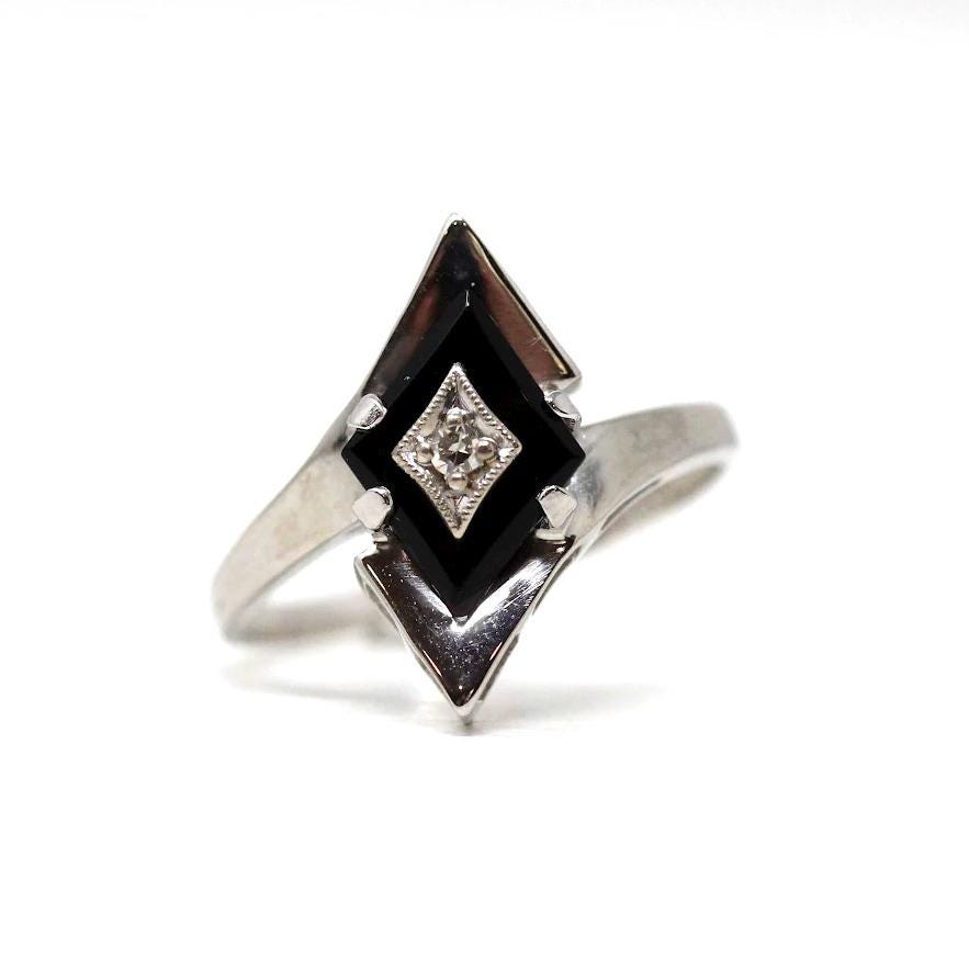 Vintage Onyx Ring - Retro 10k White Gold Natural Diamond Black Chalcedony Gem - Circa 1960s Era Size 7 Kite Navette Fine Bohemian Jewelry