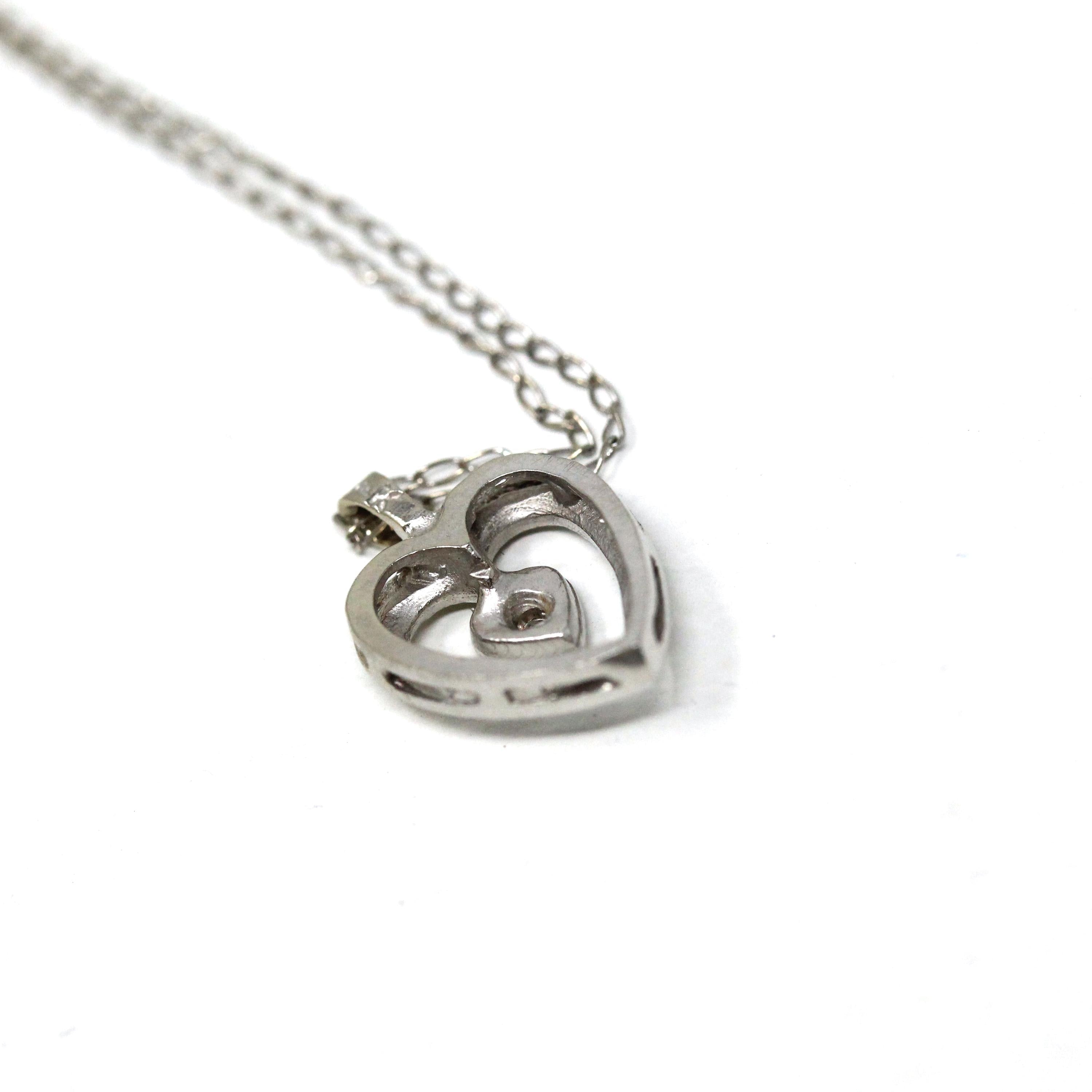 Diamond Heart Necklace - Modern 14k White Gold Natural Genuine Gemstone Pendant - Estate Circa 1980s Valentine's Day Gift Fine 80s Jewelry