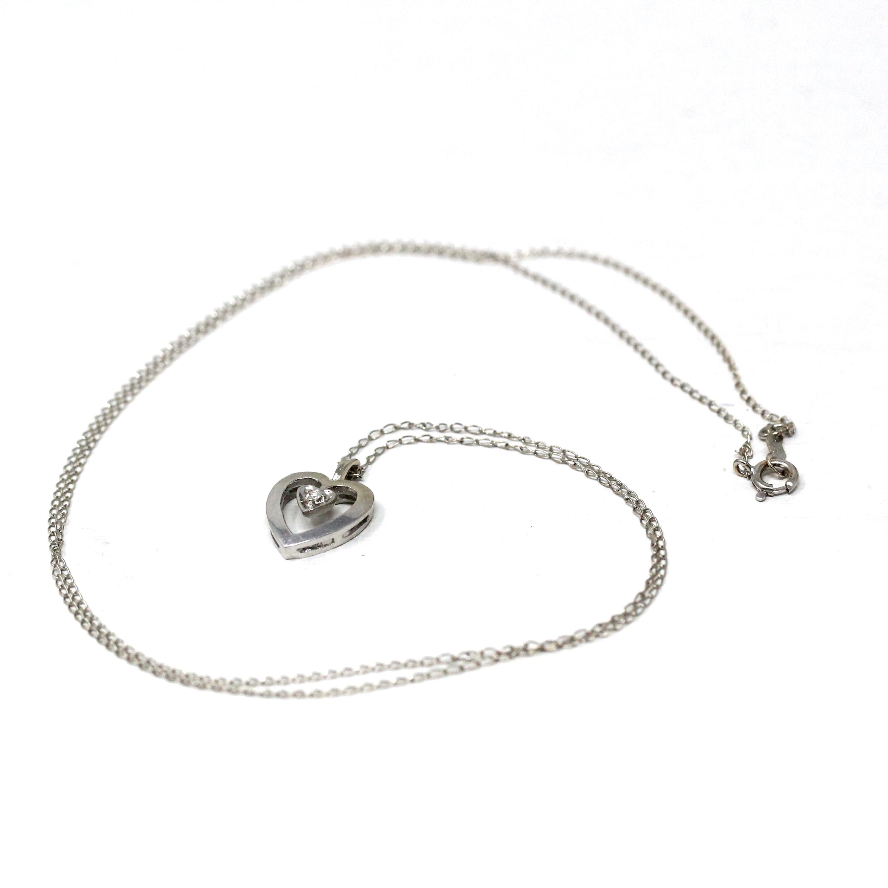 Diamond Heart Necklace - Modern 14k White Gold Natural Genuine Gemstone Pendant - Estate Circa 1980s Valentine's Day Gift Fine 80s Jewelry