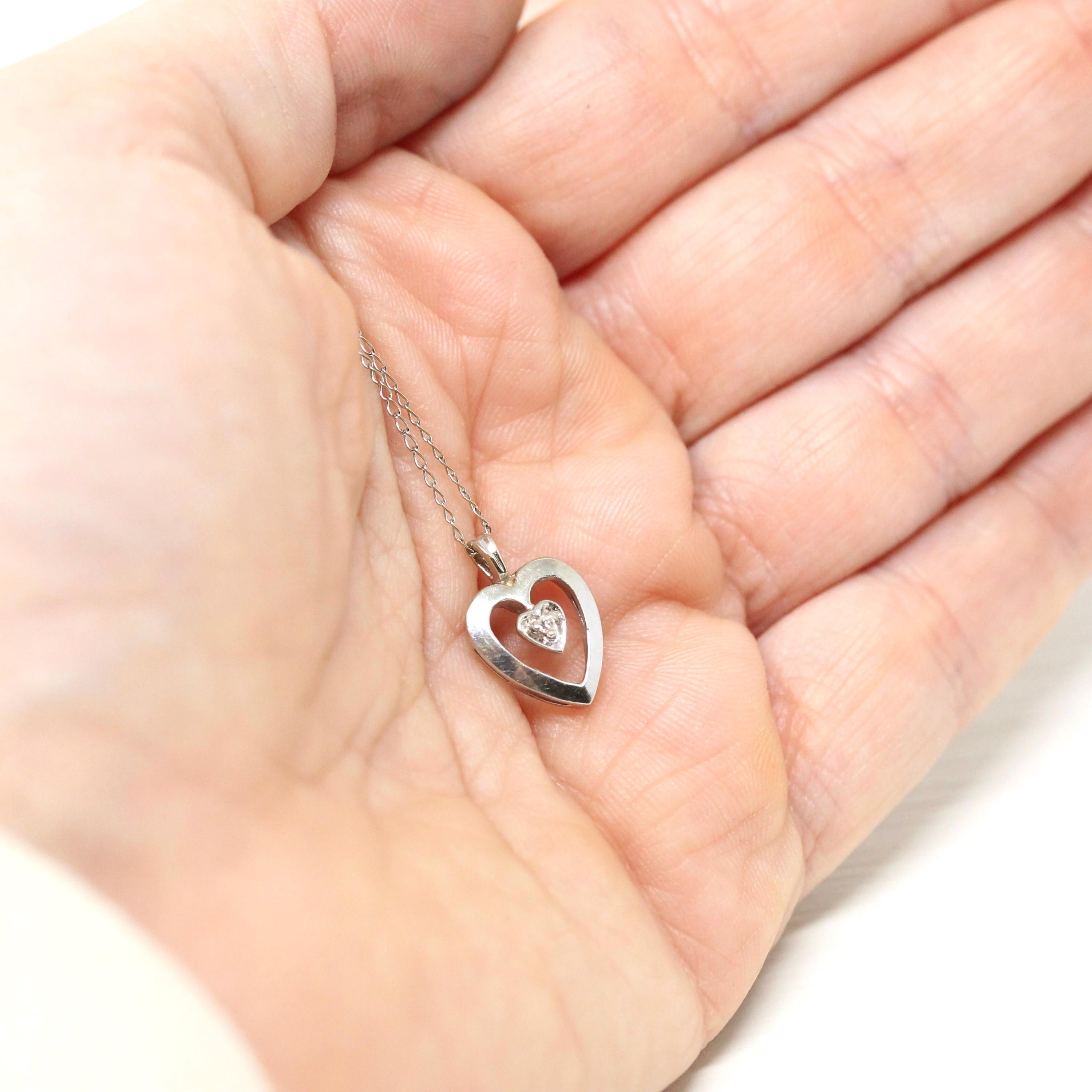 Diamond Heart Necklace - Modern 14k White Gold Natural Genuine Gemstone Pendant - Estate Circa 1980s Valentine's Day Gift Fine 80s Jewelry