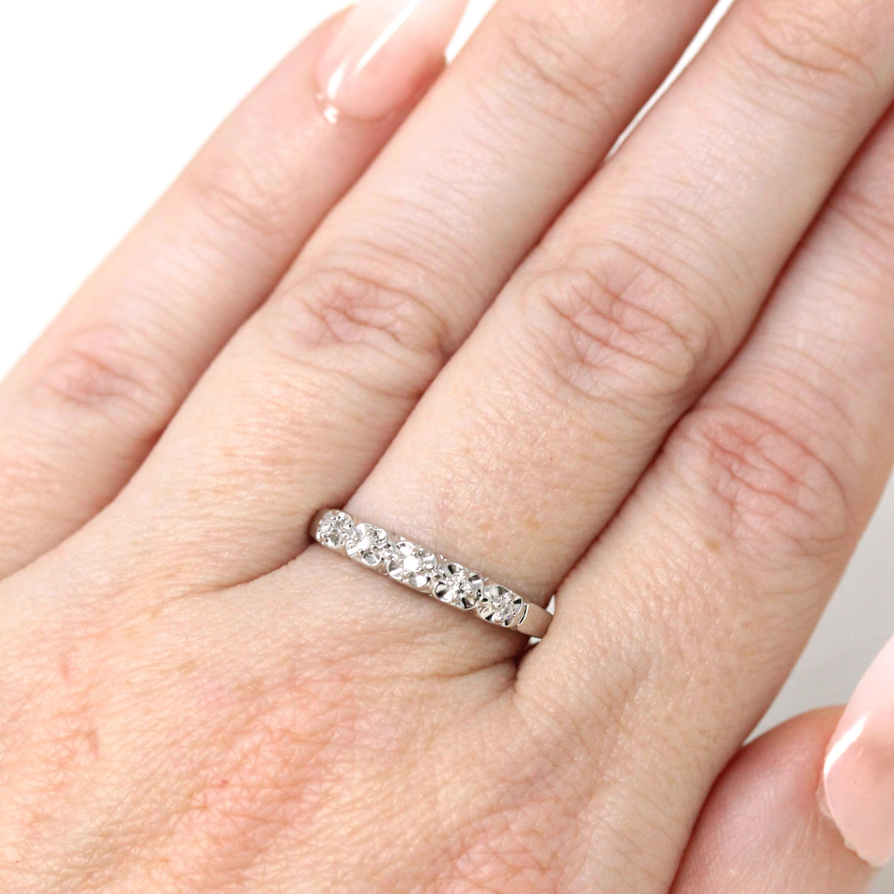 Diamond Wedding Band - Vintage 14k White Gold Bridal Natural Gemstones Ring - Mid Century 1950s Era Size 7 3/4 Stacking Fine 50s Jewelry