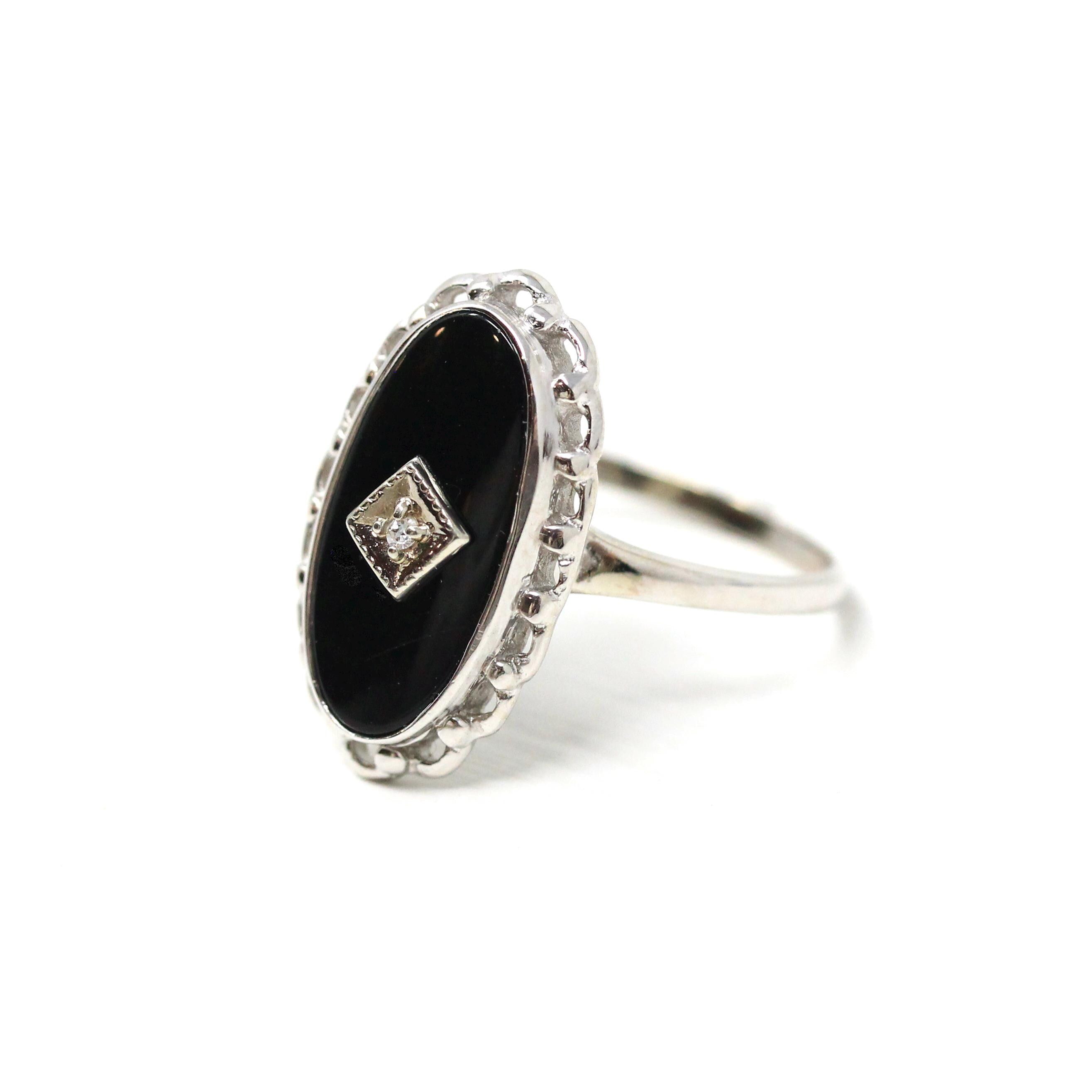 Vintage Onyx Ring - Retro 10k White Gold Natural Diamond Black Chalcedony Gem - Circa 1960s Era Size 6 3/4 Oval Scalloped Fine 60s Jewelry