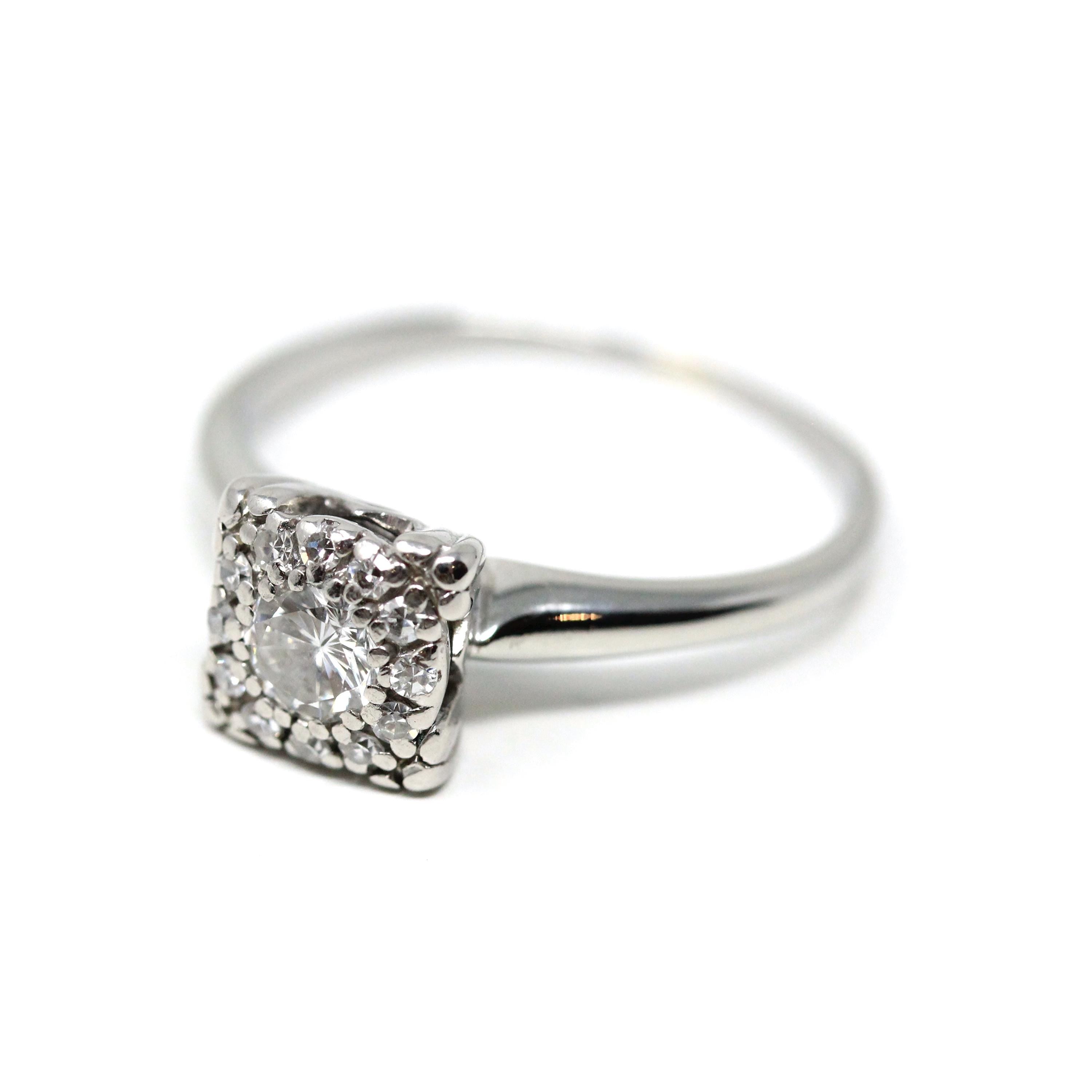 Diamond Cluster Ring - Vintage 18k White Gold Natural Gemstone Flower Halo Engagement - Mid Century 1950s Era Size 6 3/4 Fine Bridal Jewelry