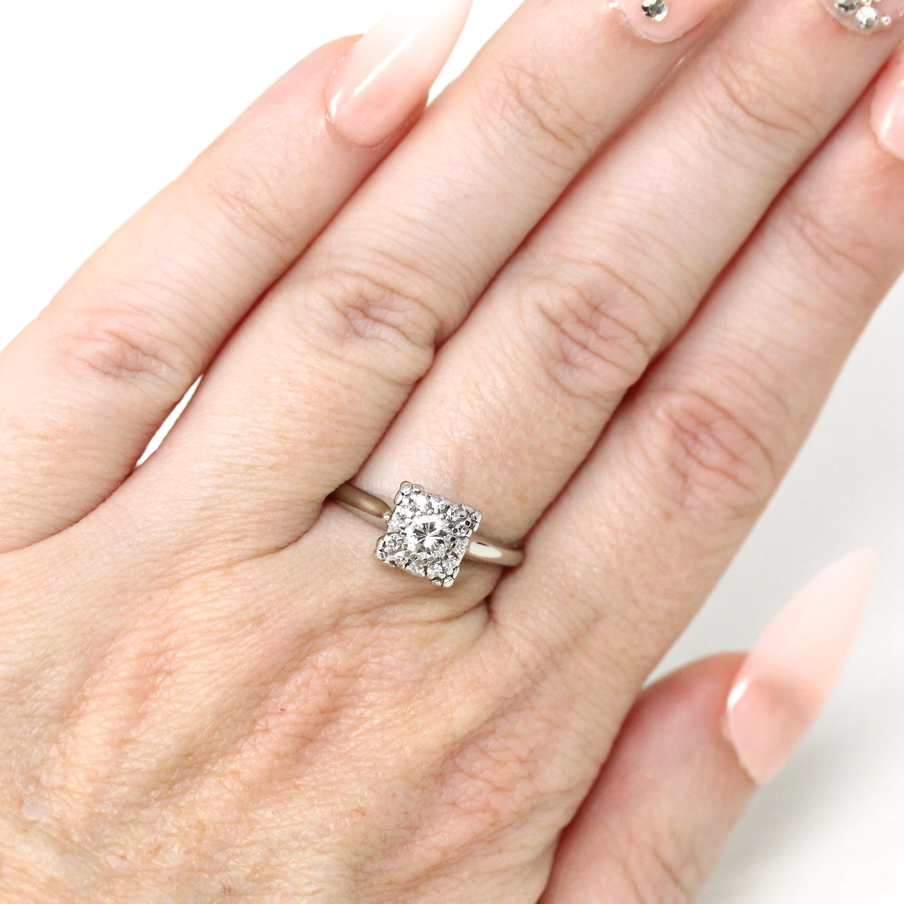 Diamond Cluster Ring - Vintage 18k White Gold Natural Gemstone Flower Halo Engagement - Mid Century 1950s Era Size 6 3/4 Fine Bridal Jewelry