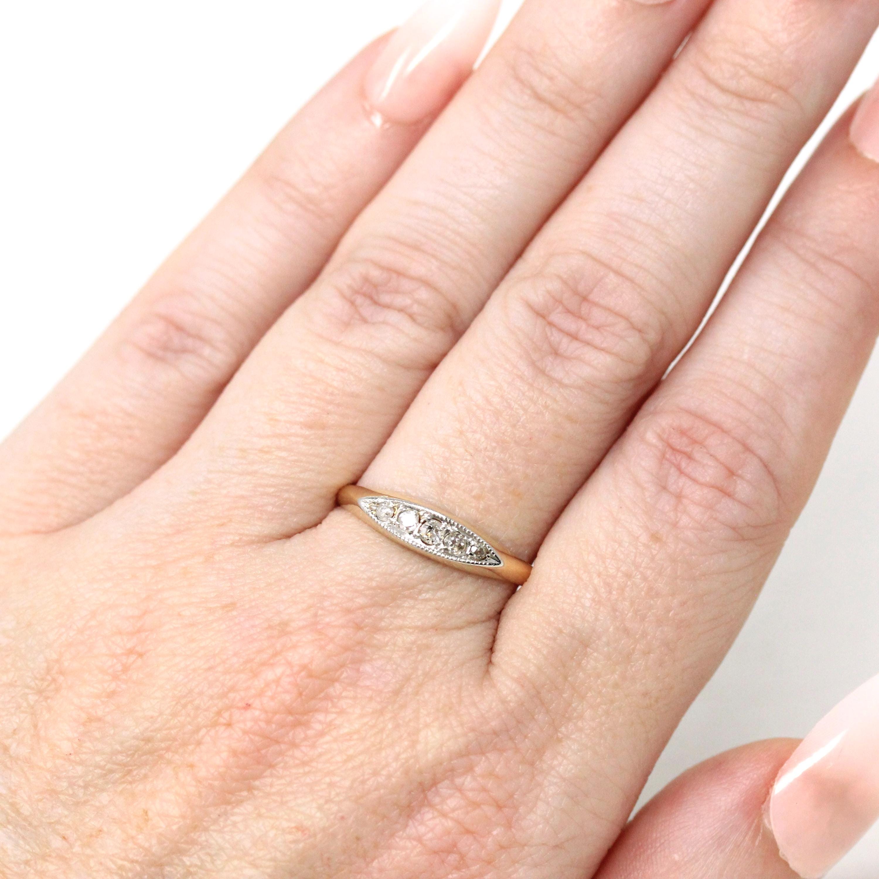 Antique Diamond Band - Edwardian 18k Yellow Gold Natural Gemstones Wedding Ring - Vintage 1910s Era Stacking Two Tone Fine Bridal Jewelry