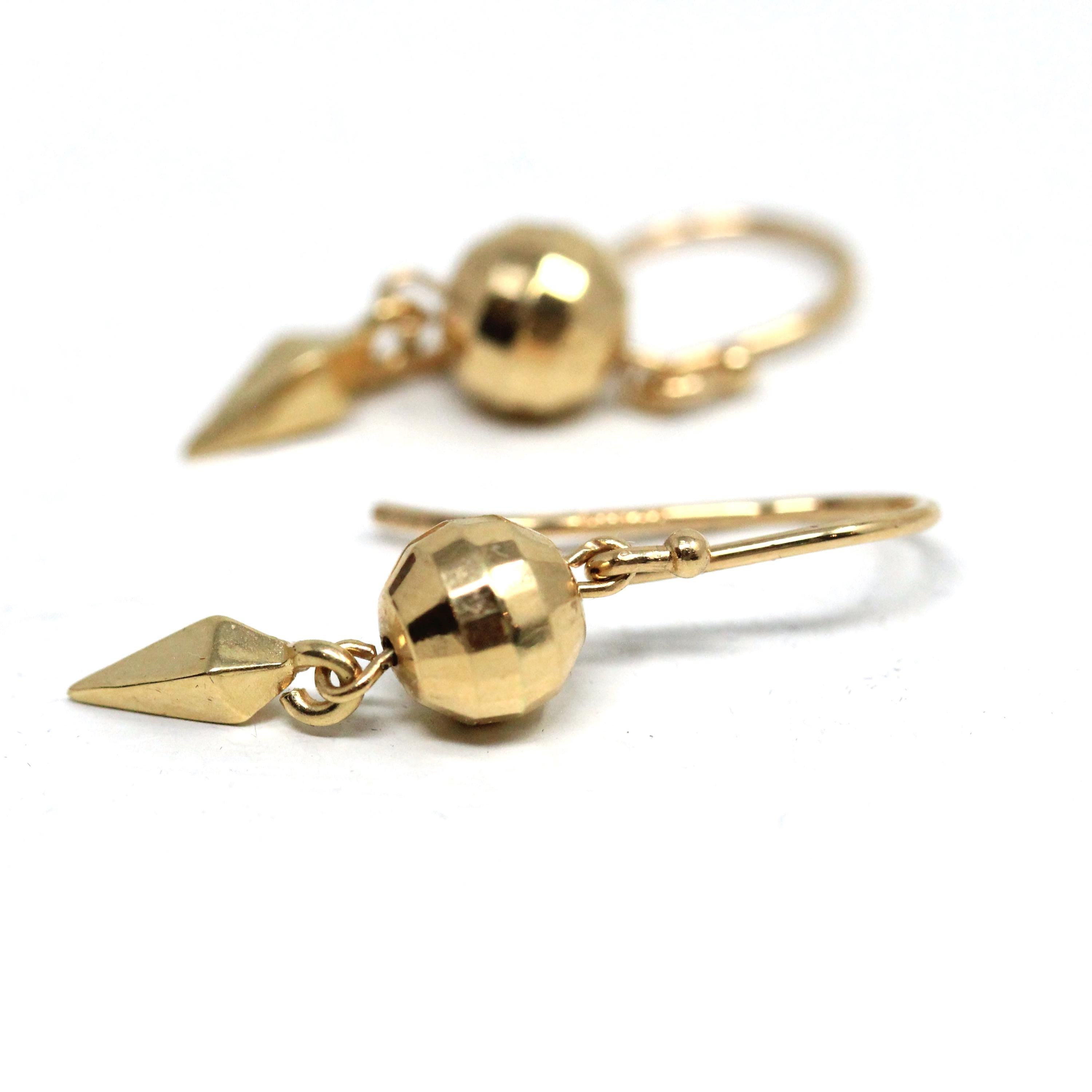 Modern Disco Ball Earrings - Estate 14k Yellow Gold Dangle Drop Spheres Pierced Hook Back - Circa 2000s Dainty Fine New Year's Eve Jewelry