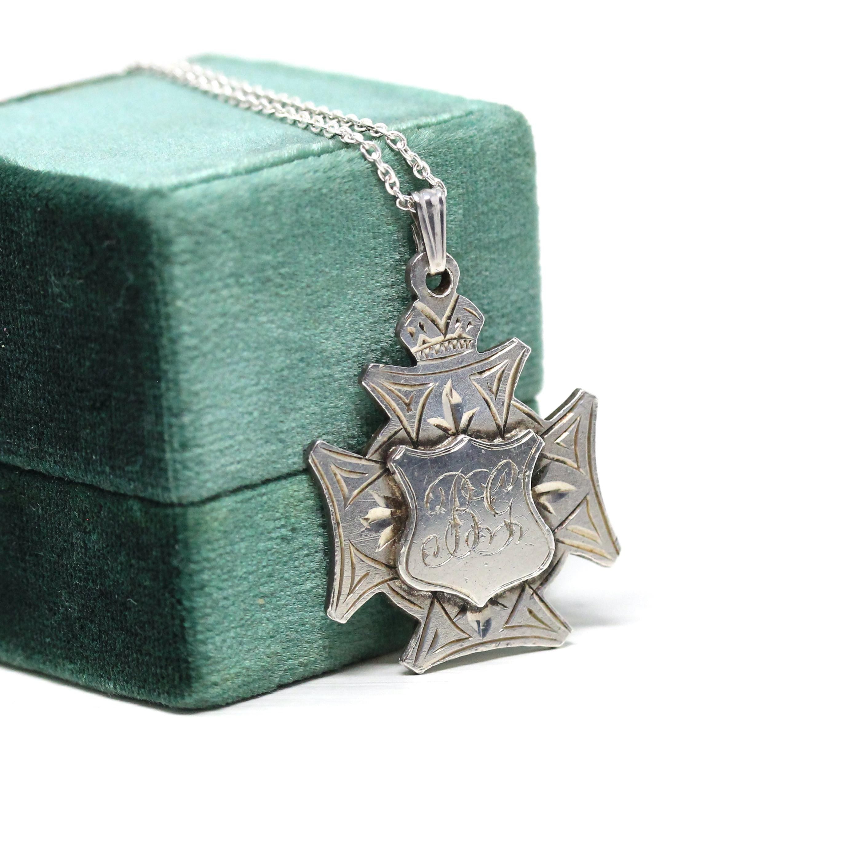 Antique Sterling Silver Fob - Edwardian Era Maltese Cross Shield Statement - Circa 1910s English Vintage Pocket Watch Chain Charm Jewelry