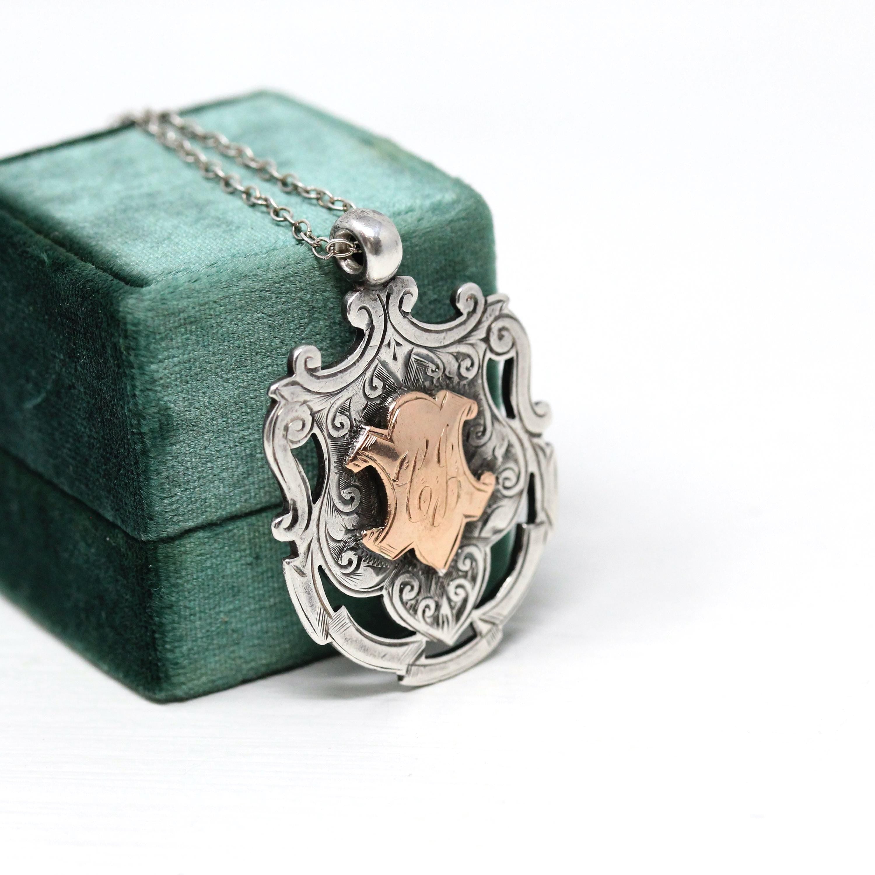 Antique Sterling Silver Fob - Edwardian Era Two Sided Rose Gold Shield Charm - Hallmarked 1911 Birmingham England Fattorini Bradford Jewelry