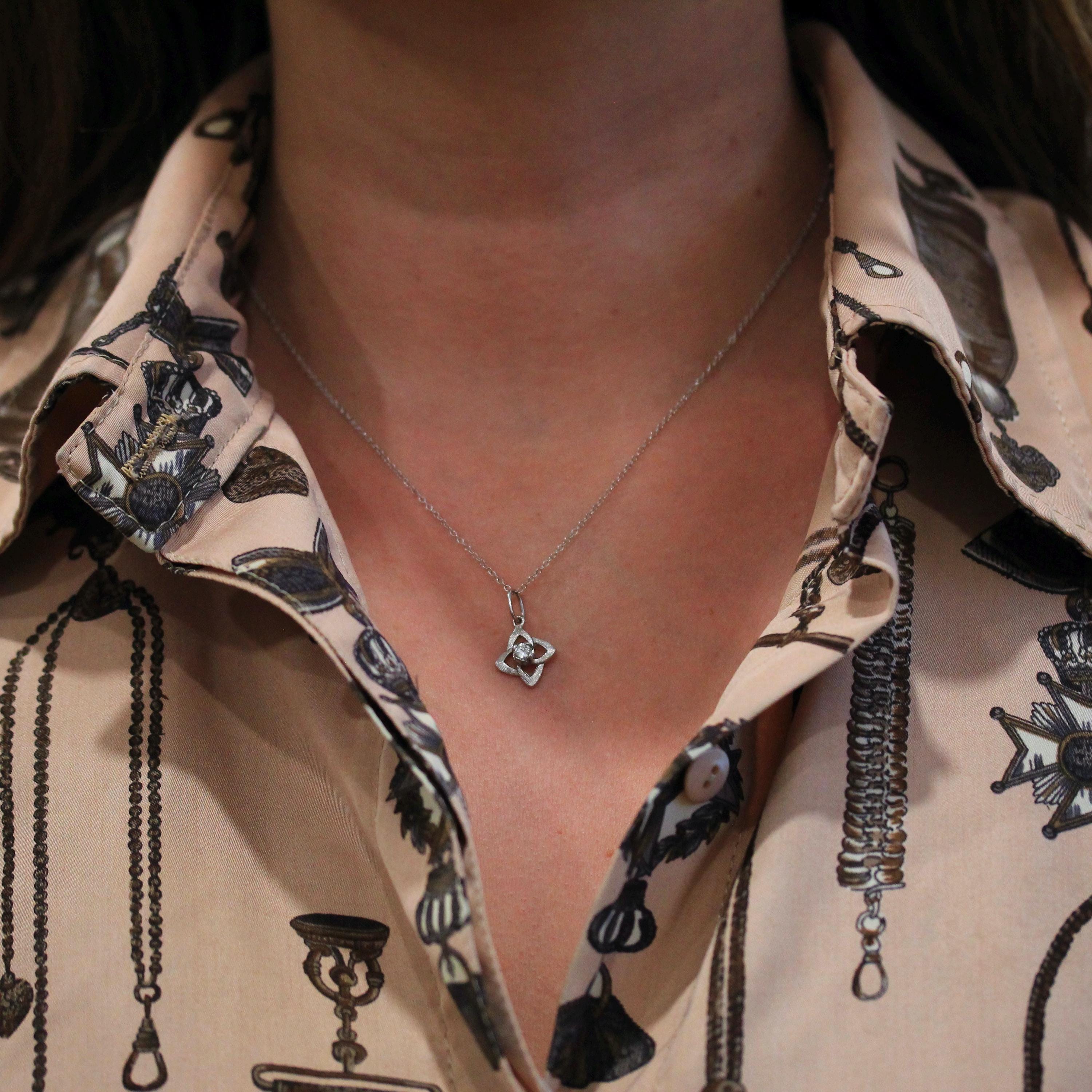 Diamond Knot Pendant - Modern Estate 14k White Gold Natural .18 CT Pendant Charm - Circa 2000s Era April Birthstone Fine Sweetheart Jewelry