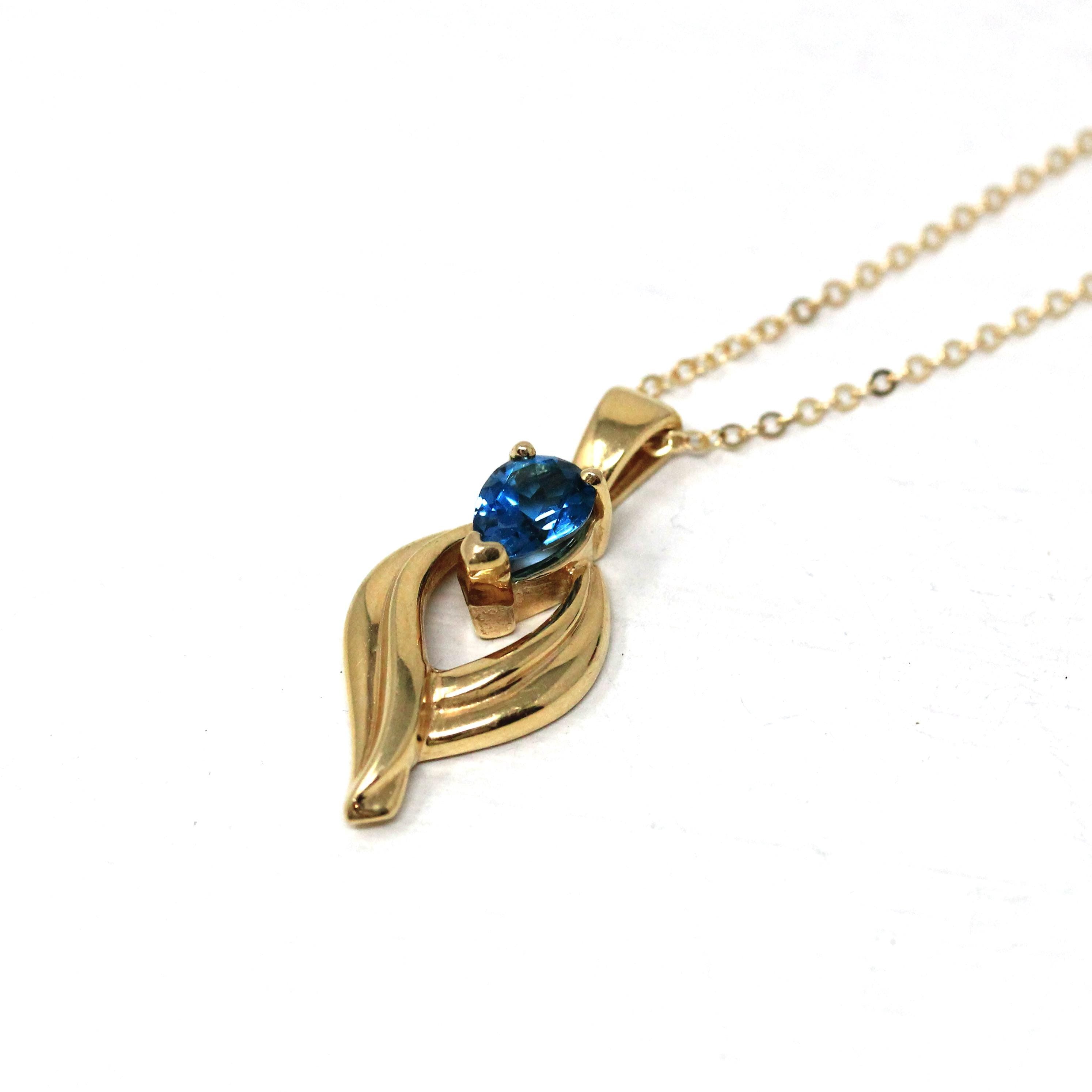 London Blue Topaz Necklace - Modern 14k Yellow Gold Pear Faceted .80 CT Natural Gem - Estate Circa 2000s December Birthstone Pendant Jewelry