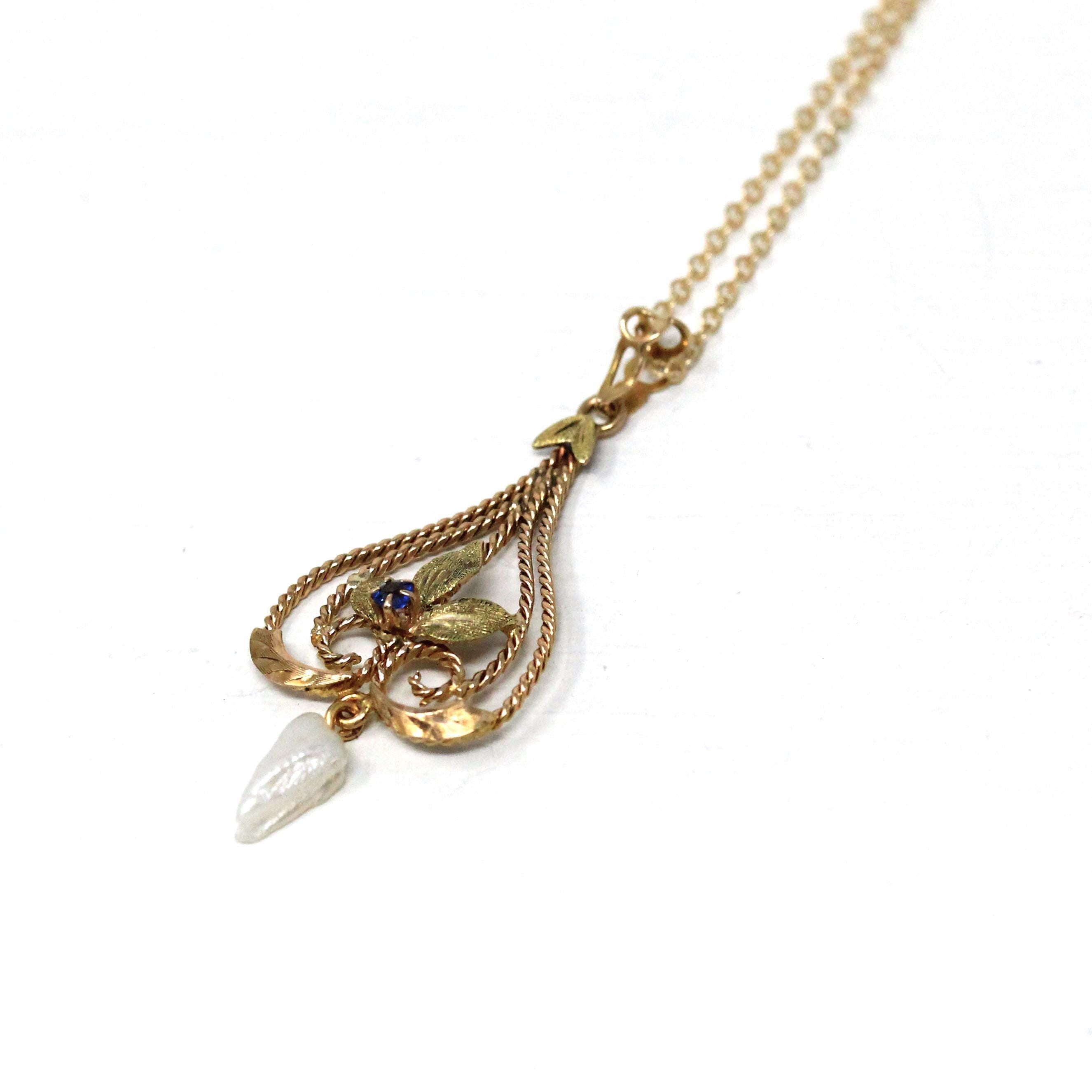 Antique Lavalier Necklace - Edwardian 10k Yellow Gold Baroque Pearl Pendant Charm - Antique Circa 1910s Garnet Glass Doublet Leaf Jewelry