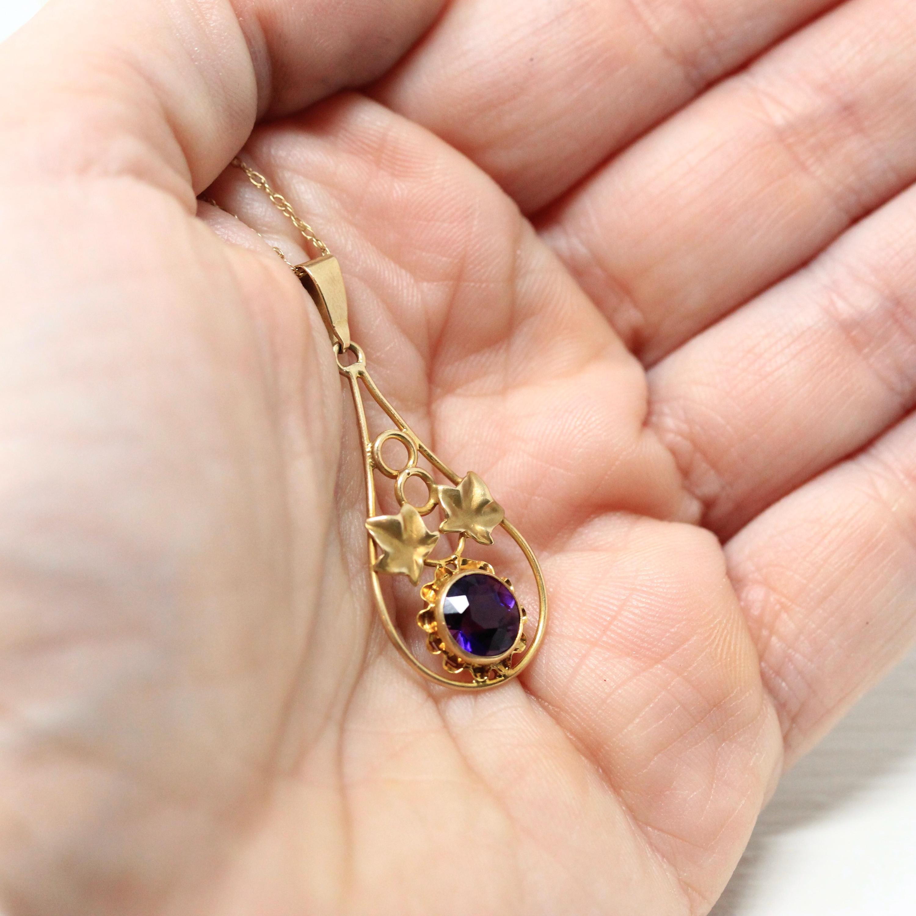 Vintage Amethyst Pendant - Retro 10k Yellow Natural Purple Gemstone Necklace - Circa 1940s Era Ivy Leaves Flower Statement Fine 40s Jewelry