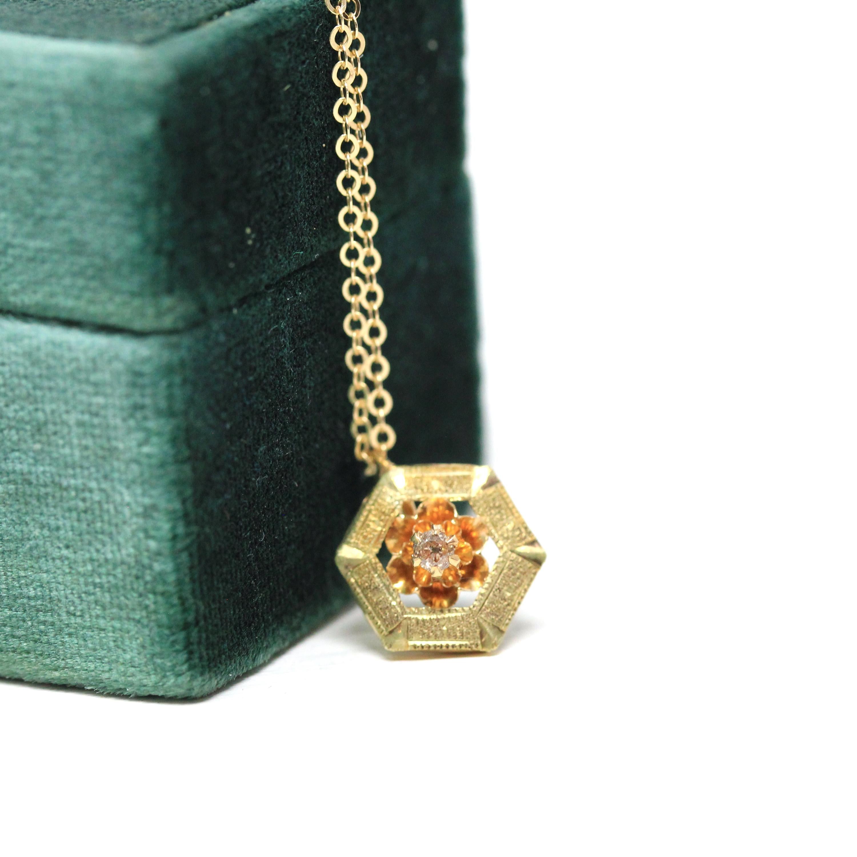 Antique Diamond Charm - Edwardian 14k Yellow Gold Natural .04 CT Gemstone Pendant - Vintage Circa 1910s Era Buttercup Flower Fine Jewelry