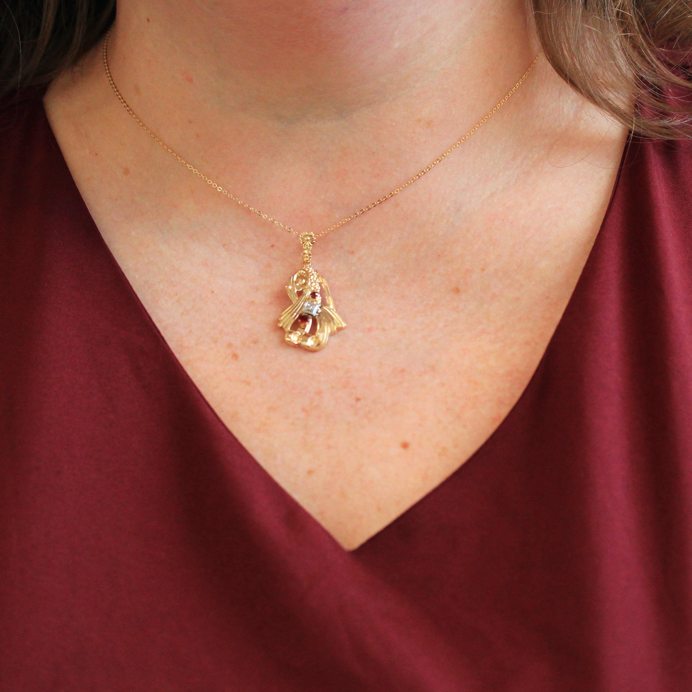 Retro Garnet Lavalier - 10k Yellow Gold Three Stone Diamond Accent Pendant - Vintage Circa 1940s Era January Birthstone Flower Fine Jewelry