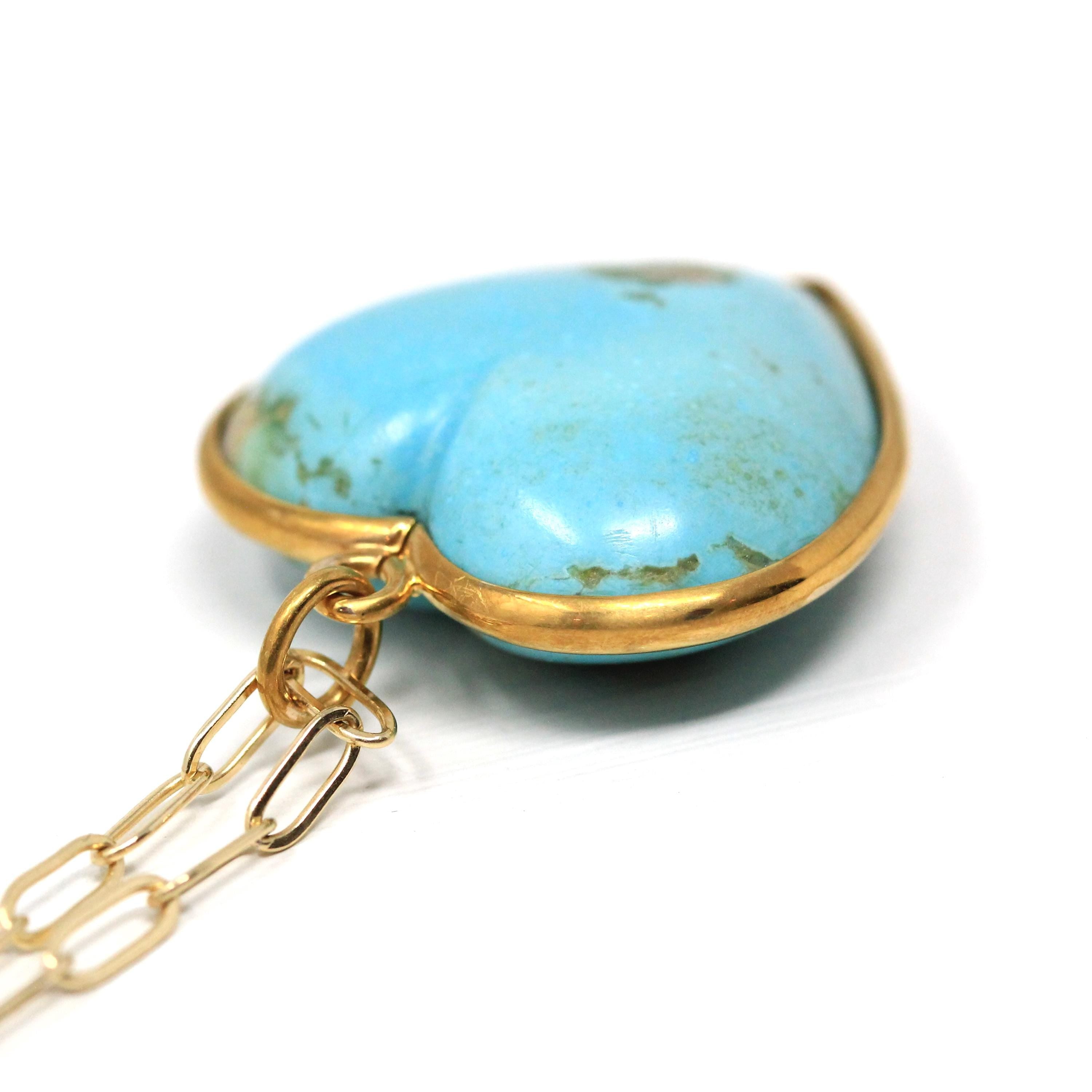 Turquoise Heart Necklace - Antique Edwardian 18k Yellow Gold Large Blue Statement Charm Pendant - Vintage Circa 1910s Era Love Fine Jewelry