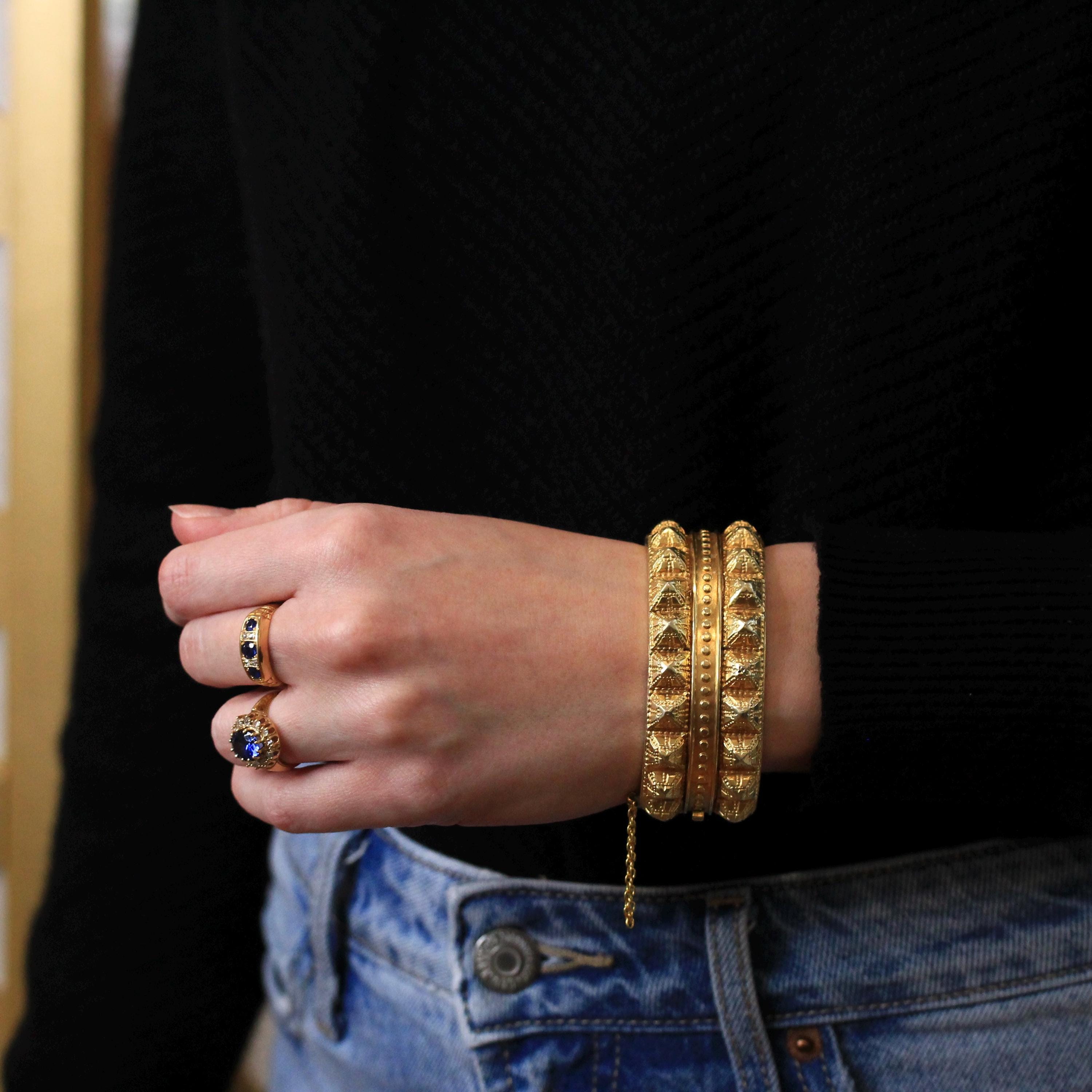 Antique Victorian Bangle - Vintage Silver Gilt Gold Studded Design Bracelet - Circa 1880s Era Gold Plated Wide Statement Late 1800s Jewelry